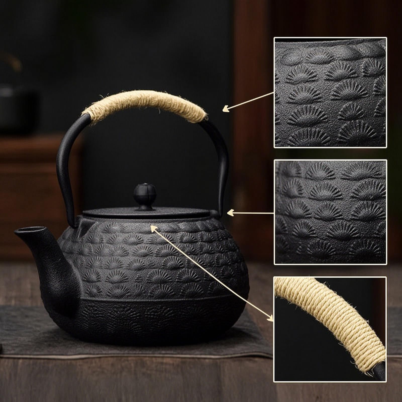 rockible Tetera Hierro Fundido Resistente Al Desgaste Tetera con Tapa Cómodo Vajilla para Aficionados Al Té Té, Invitados, Array, Negro, Con Filtro, Con Cuerda De Cáñamo