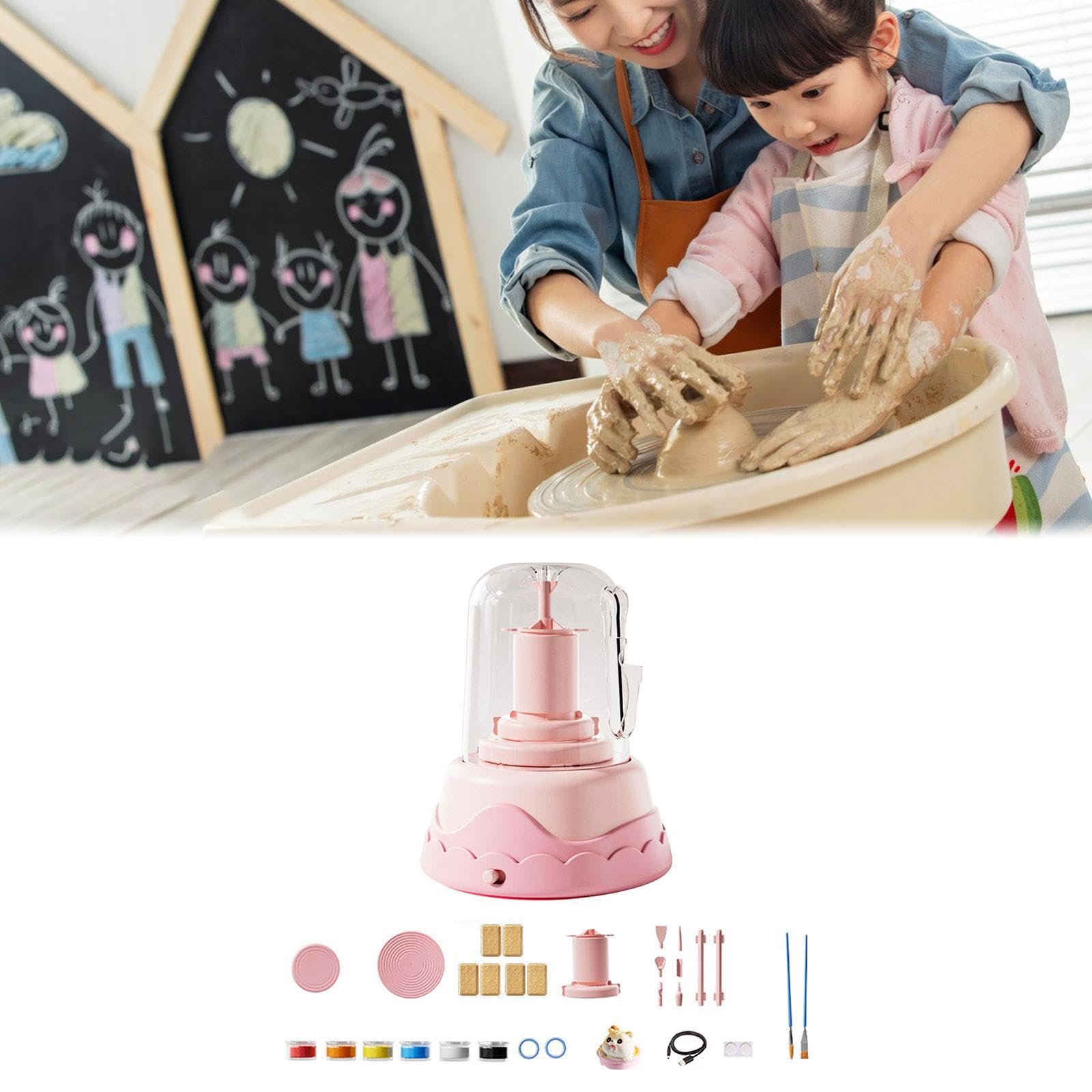 Elektrisches Töpferscheiben Set für Kinder, Töpfermaschine, DIY Bastelset für Anfänger, Künstleratelier Set, Porzellanscheibe, Pink 6 Ton