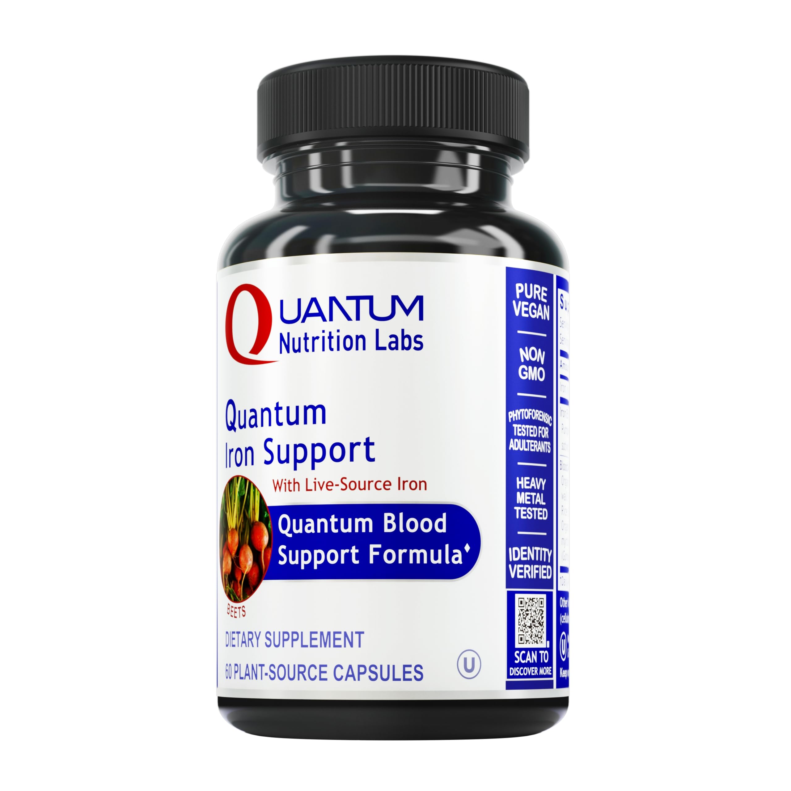 Quantum Nutrition Labs Iron Support - Iron Supplement for Women and Men, Vegan Iron Supplements, Low Dose Gentle Iron, Naturally Sourced to Support Healthy Blood - 60 Vegetarian Capsules