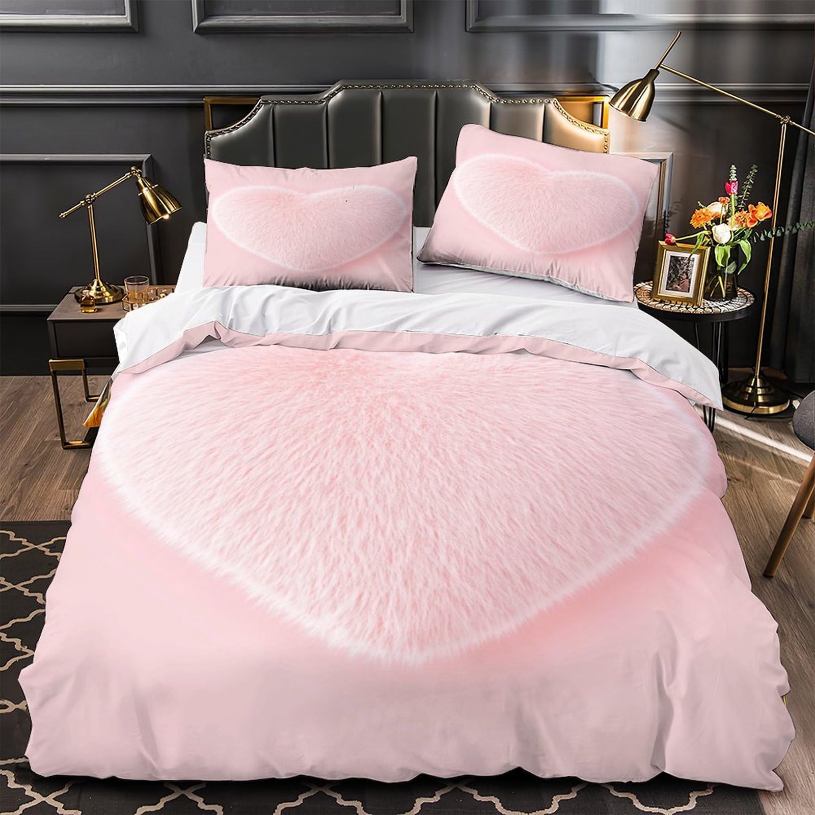 Housse de couette rose motif cœur en microfibre pour chambre d'enfant douce