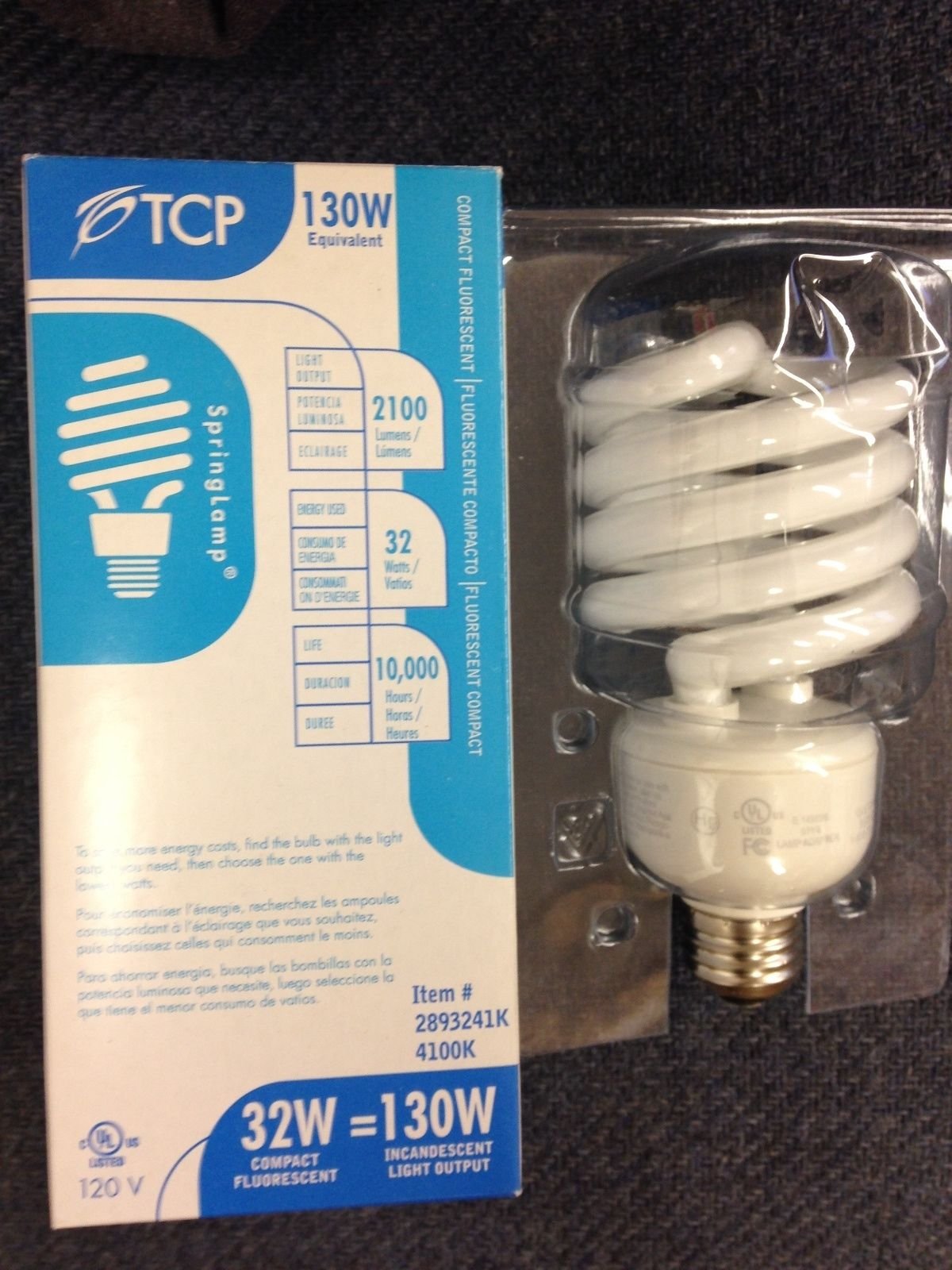 TCP 4893241k 32-Watt CFL Full Spiral Light Bulb – 4100K Cool White, E26 Base, 120V – 12,000 Hour Lifespan – Twist/Spiral Design