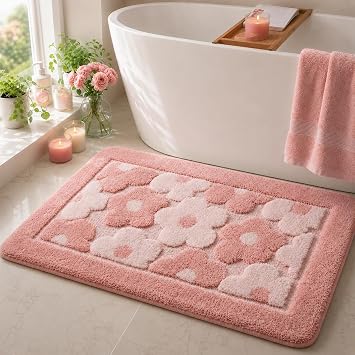 Pink Flower Bath Mat Cute Bathroom Rugs Tufted Microfiber Quick Dry Bath Mats for Bathroom Bathtub Bedroom Rug Water Absorbent Non Slip Bath Rug Washable Aesthetic Decor Carpet, 24" x 35"
