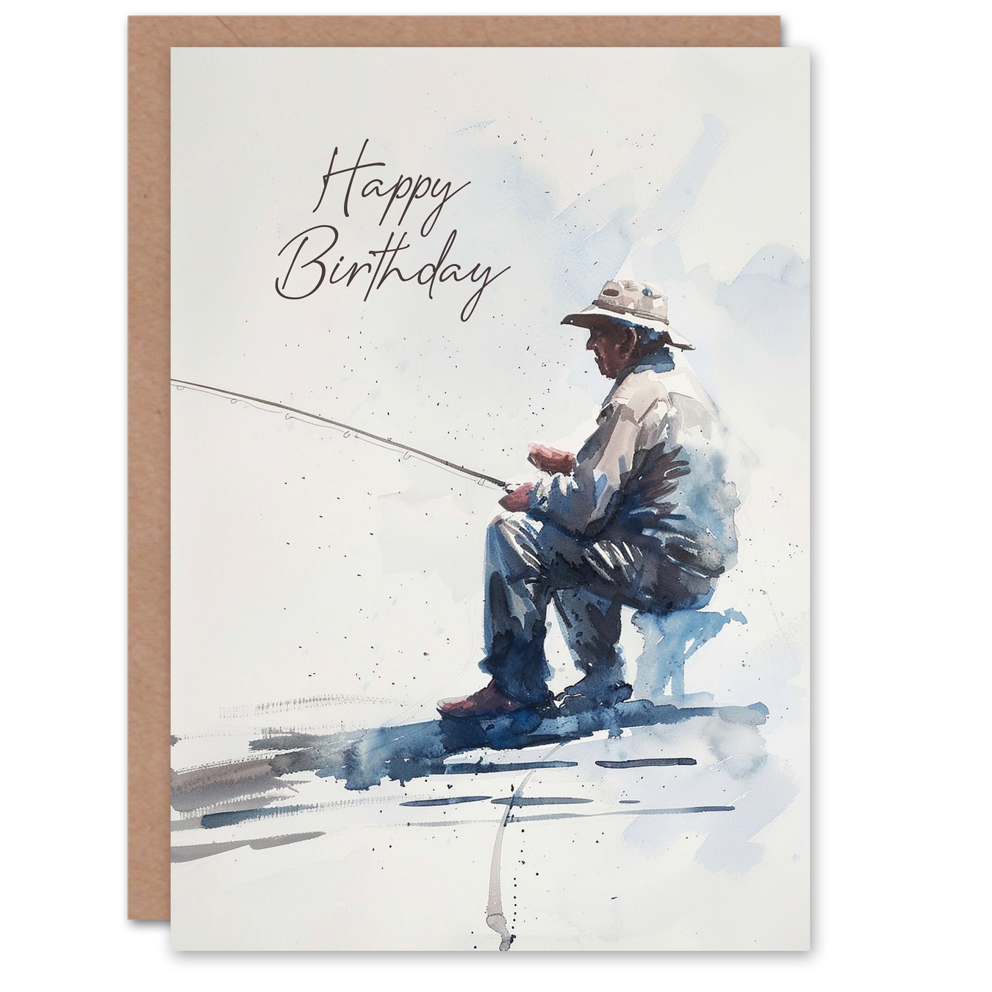 Artery8 Elderly Man Fishing Soft Watercolour Portrait For Him Man Birthday Card
