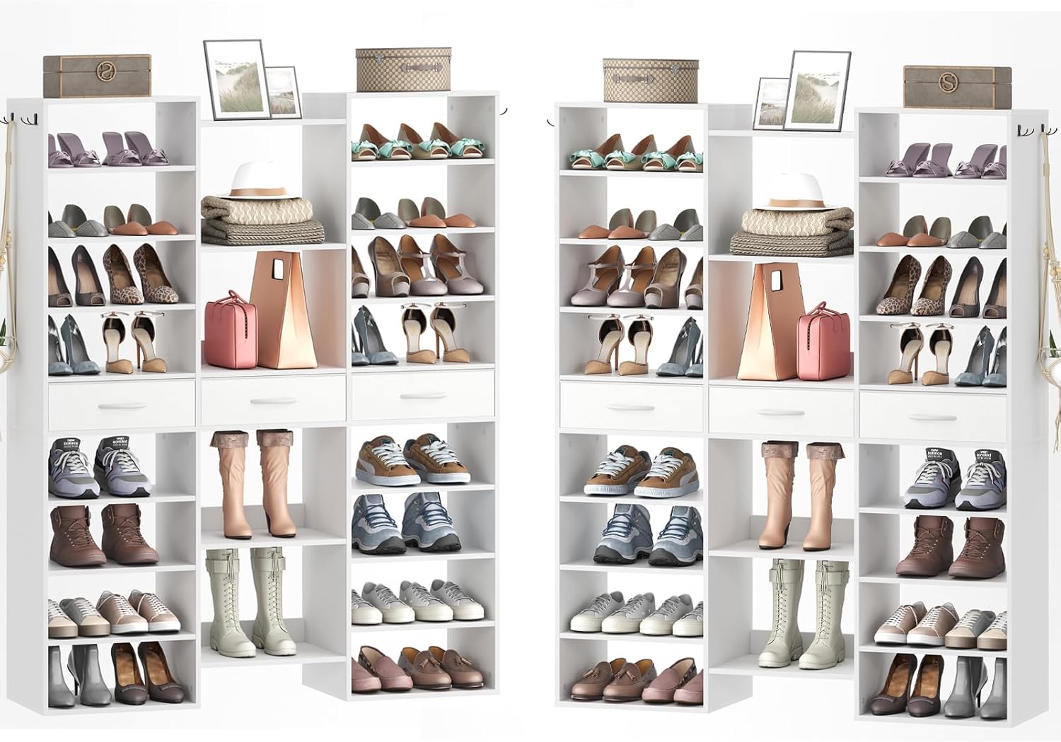 Tall Shoe Rack Set of 2, 9 Tiers Large Shoe Cabinet with Fabric Drawers, Holds up to 44 Pairs, Modern Entryway Shoe Shelves Organizer, Wooden Shoe Rack for Closet, Hallway, White