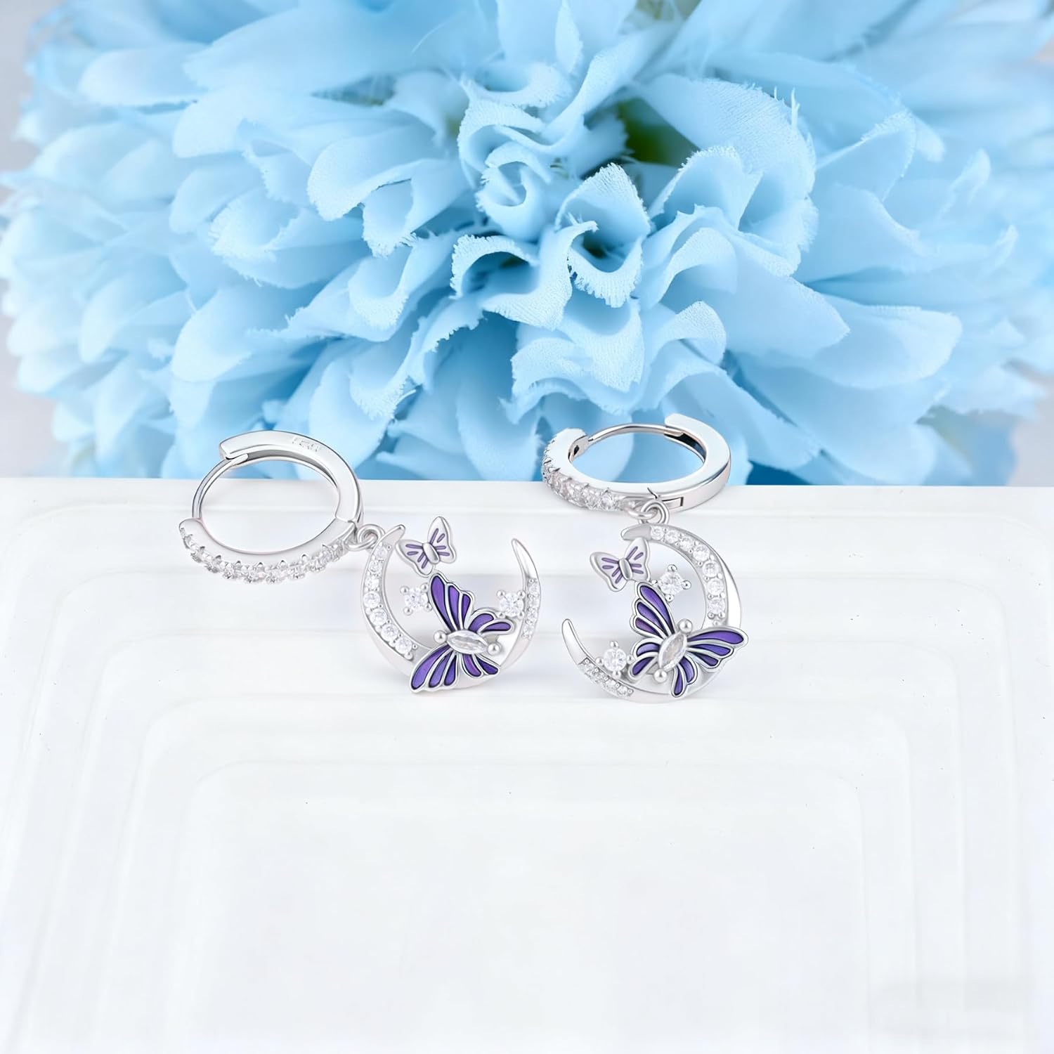 CZ Moon and Butterfly Earrings for Women S925 Sterling Silver Enamel Purple Butterfly Animal Dangle Hoop Earrings Moon Jewelry Birthday Anniversary Valentines Gifts for Wife Girlfriend Mom - Image 2