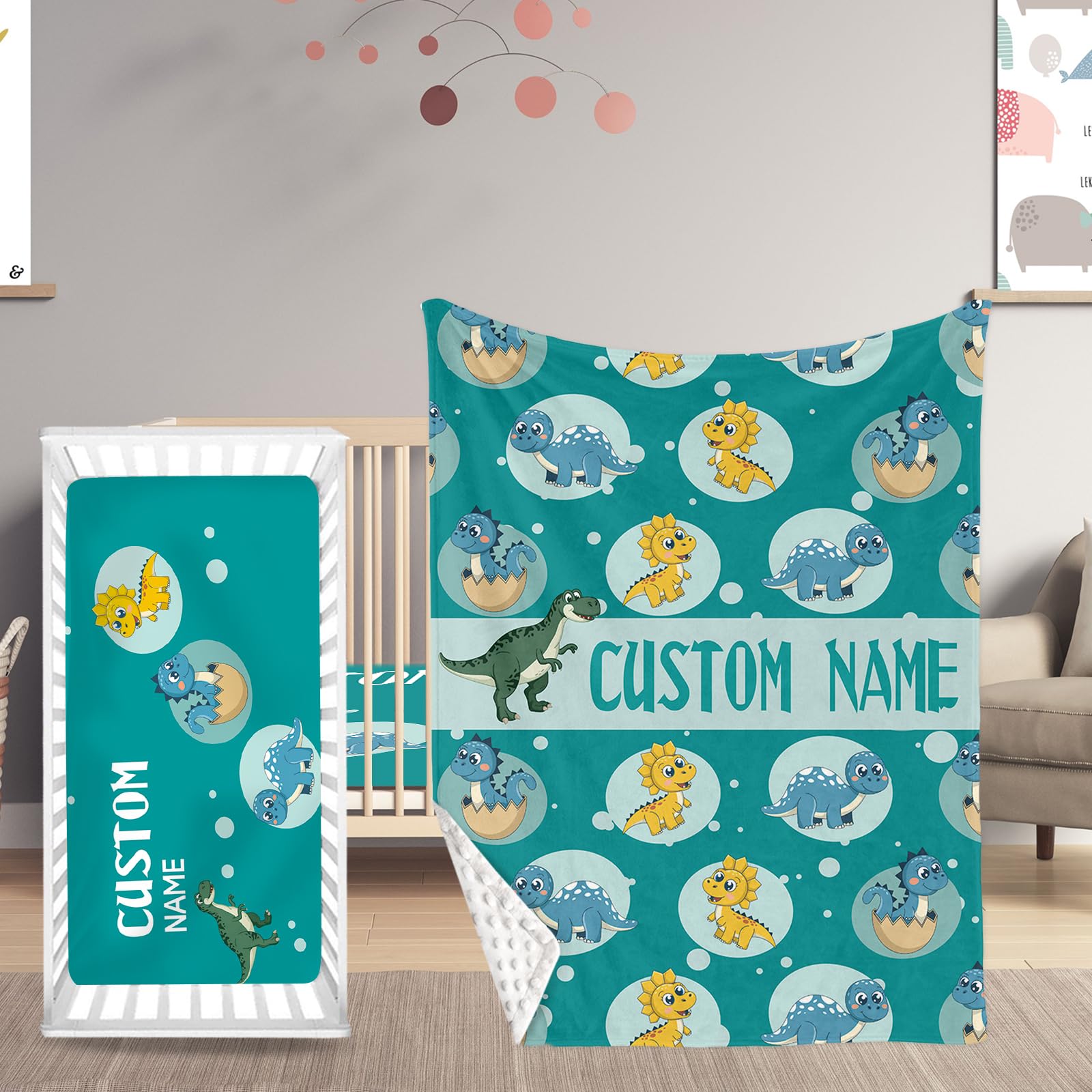 HSHRYY Custom Name Baby Crib Bedding Set - Personalized 2 Piece Baby Bedding Set - Soft Blanket with Dotted Backing and Fitted Sheet - Green Dinosaur Design - Great Gift from Parents