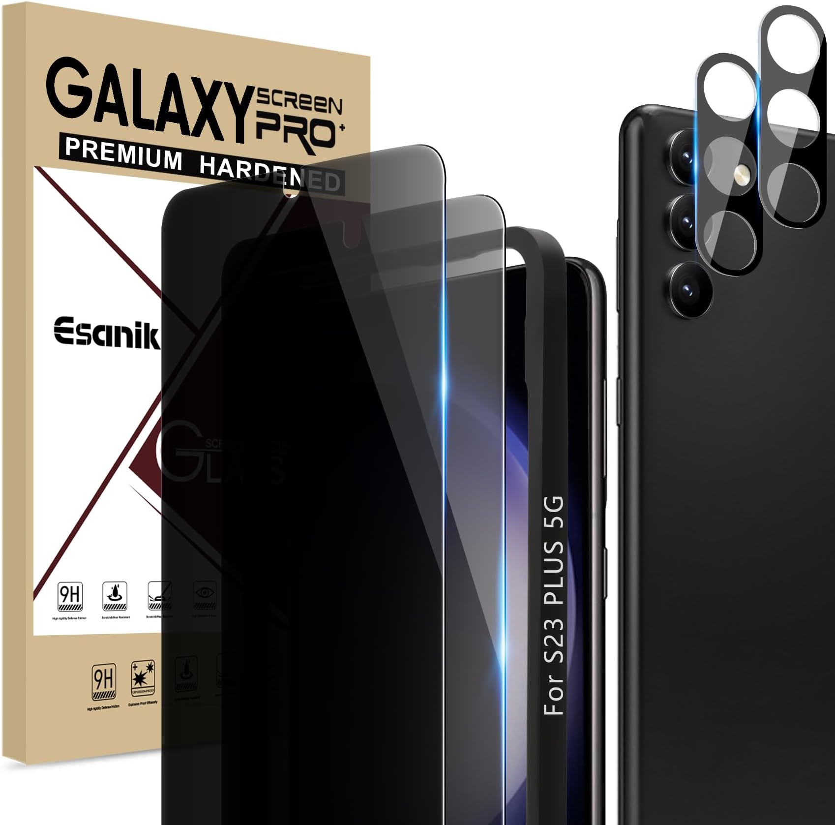 Esanik Privacy Screen Protector for Samsung Galaxy S23+ / S23 Plus 6.6 Inch [2 + 2 Pack], 2 x PET Anti-Spy Screen Cover [Not Glass] + 2 x Camera Lens Tempered Glass