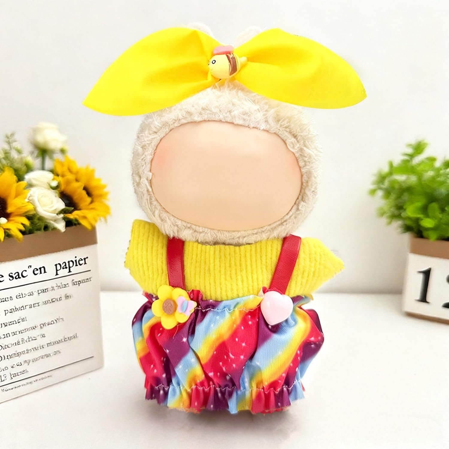 for Labubu Clothes/for Labubu Outfits,Clothes Set for 15/17cm Dolls Clothes Set-3 Piece Shirt with Yellow Bow & Overalls, Cute Dolls Cloth Accessories (NO Doll)-Rainbow