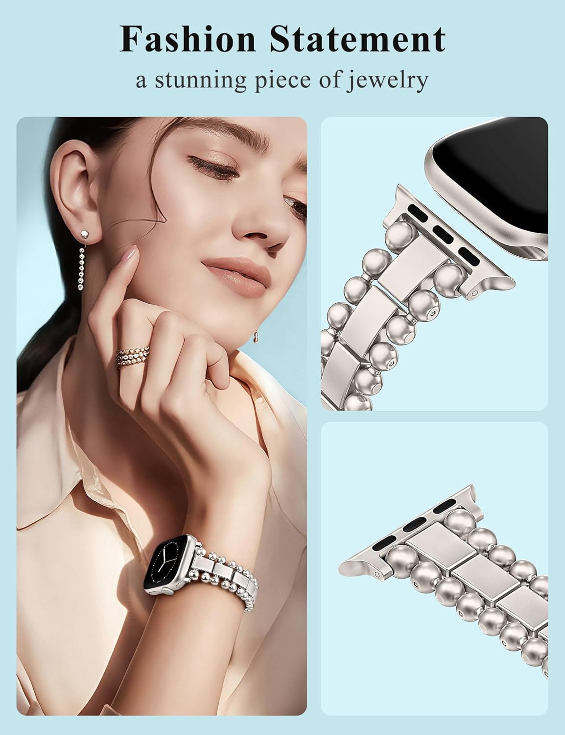 TOYOUTHS Beaded Bracelet Compatible with Apple Watch Bands 38/40/41/42/44/45/46/49mm Women, Dressy Fancy Stainless Steel Metal Elegant Jewelry Strap for iWatch Series 11 10 9 8 7 6 5 4 Ultra/SE 3 2 1 - Image 3