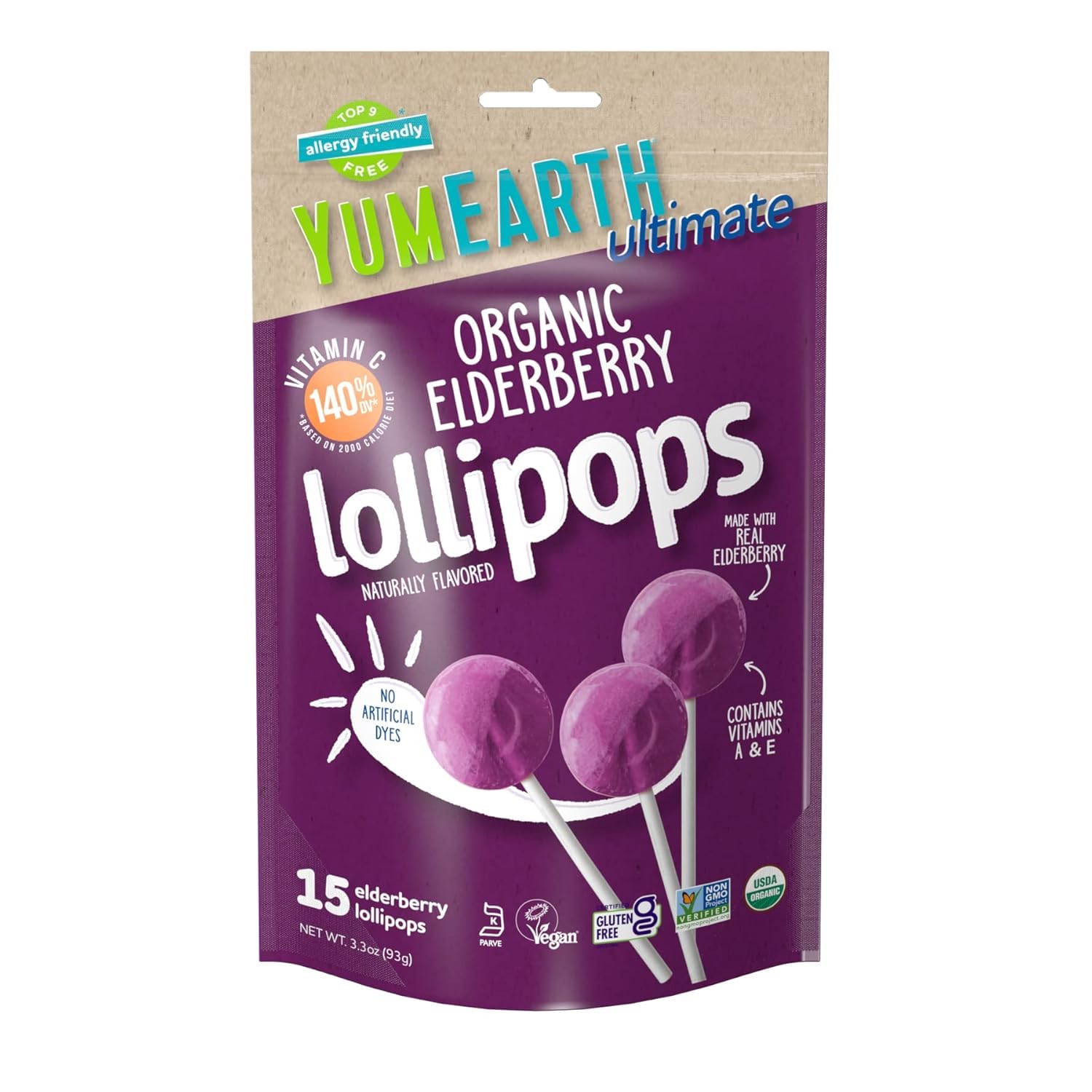 YumEarth Ultimate Organic Elderberry Pops, 15 Counts, Allergy Free, Gluten Free, Non-GMO, Vegan, No Artificial Flavors or Dyes