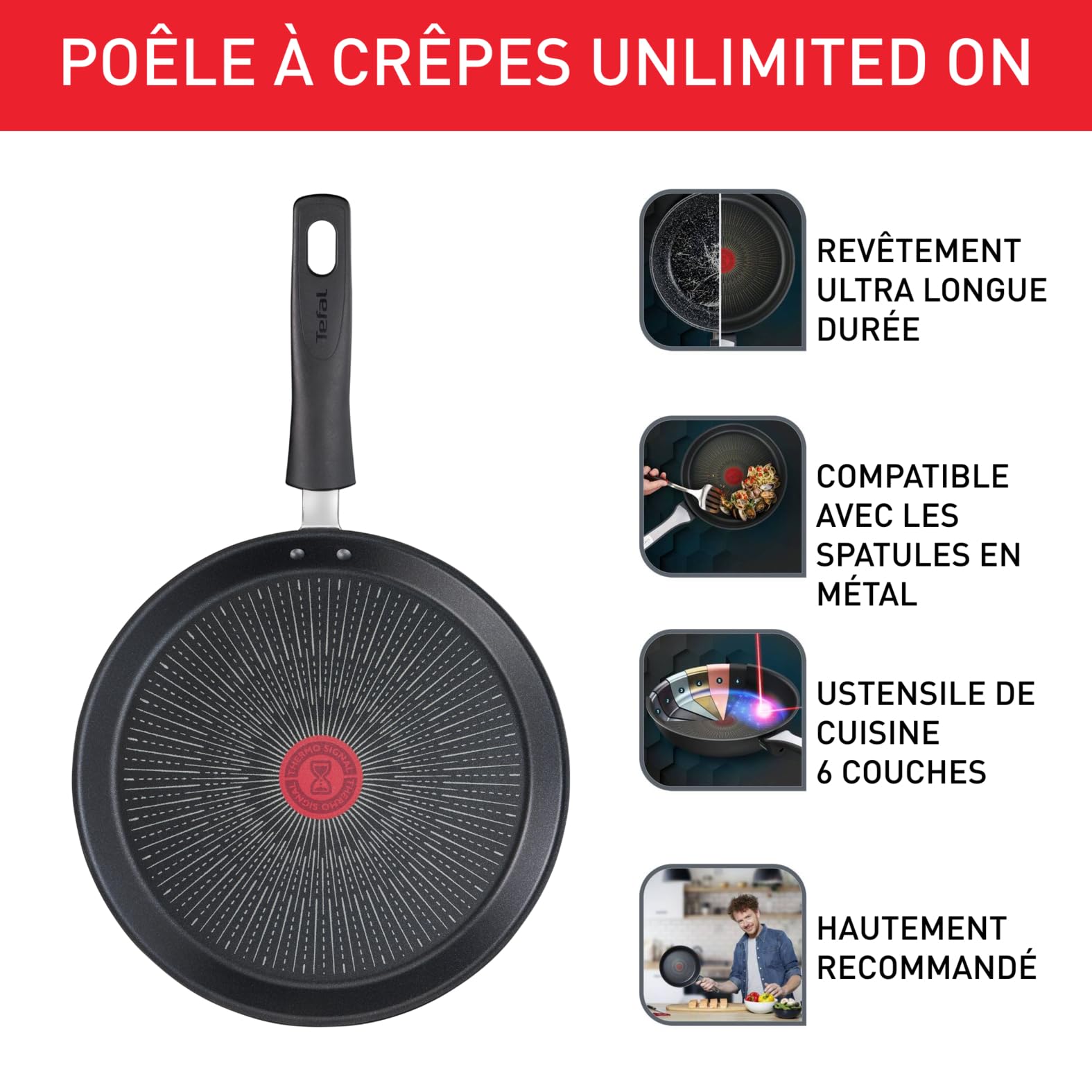 Tefal Poêle à crêpe 28 cm, Induction, Revêtement antiadhésif résistant aux rayures, Fonction Thermo-Signal, Fabriqué en France, Unlimited On G25939AZ, Noir, Anti-adhésif