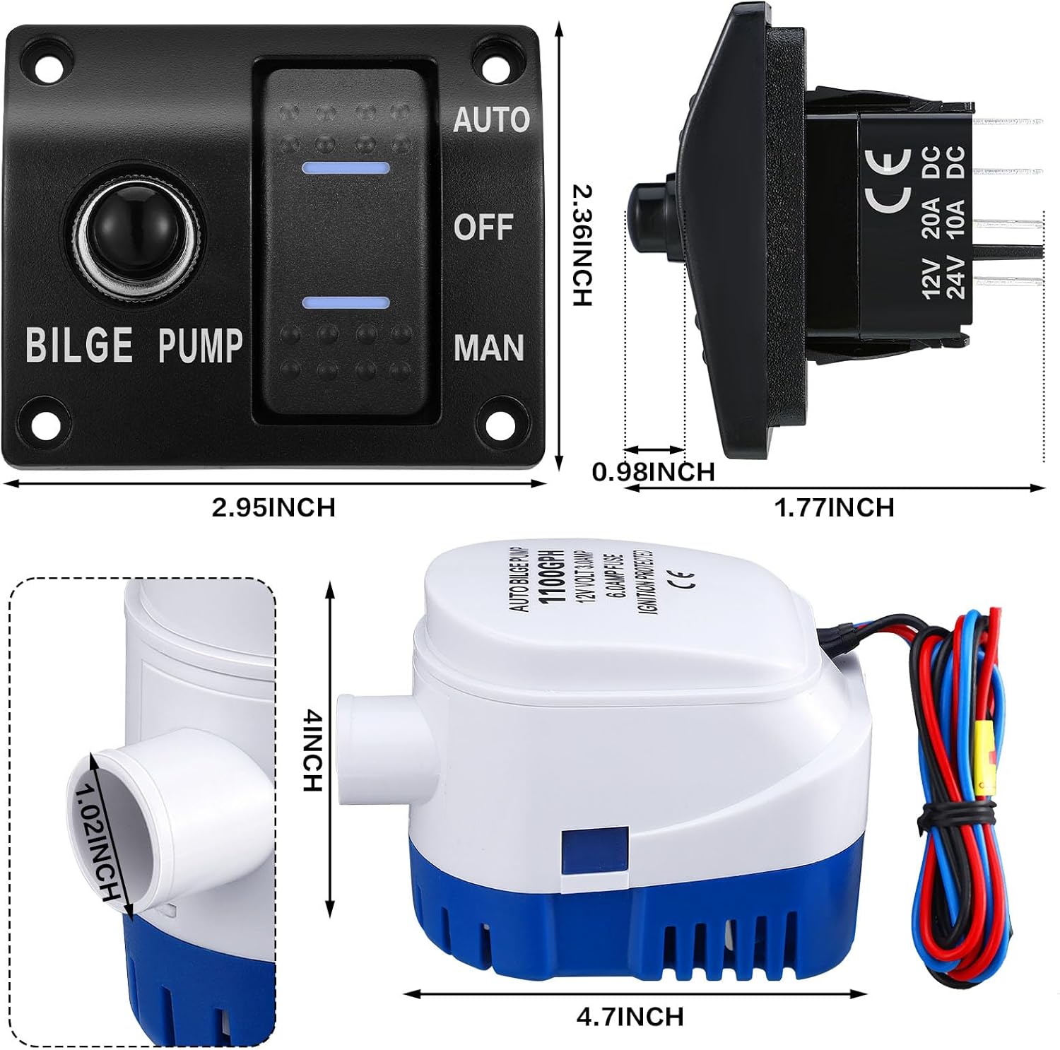 Boat Bilge Pump Automatic Bilge Pump 12v 24v 3 Way Switch Panel with Built-in Circuit Breaker Plumbing Installation Kit for Motorboat Boat Accessories(1100gph, 15a)