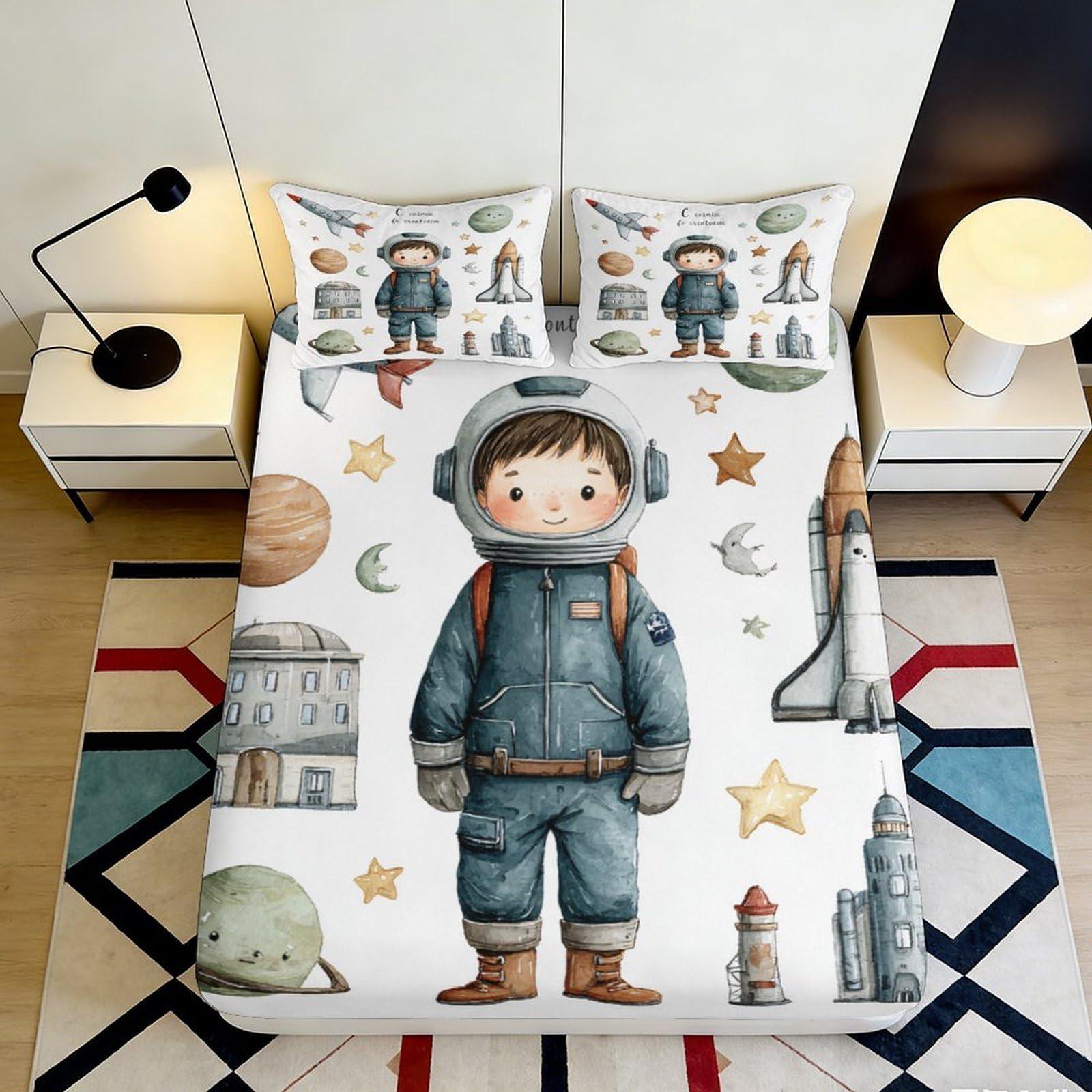 Pnayamiorkfel Style-9 3D Printed Astronaut Space Adventure Fitted Sheet Microfiber Soft Breathable Rocket Bed Cover For Bedroom Guest Room Decor 90X200x25cm