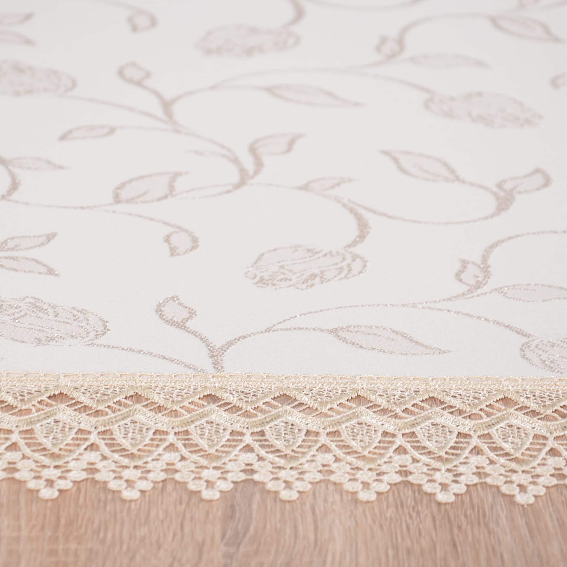 schmutzabweisende Tischdecke, 140 x 180 cm, Beige, veredelt mit dekorativer 9 cm breiter Guipure-Spitze, aus Jacquardgewebe 230g/m², 100% Polyester, hergestellt in EU
