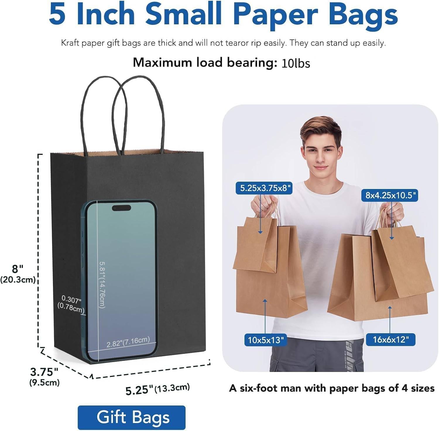 GSSUSA Kraft Paper Gift Bags 5.25x3.75x8'' 20 Pcs, Black Paper Bags with Handles, Bulk Kraft Gift Bag for Shopping, Craft, Grocery, Party, Retail, Lunch, Business, Wedding, Merchandise, Boutique image 2