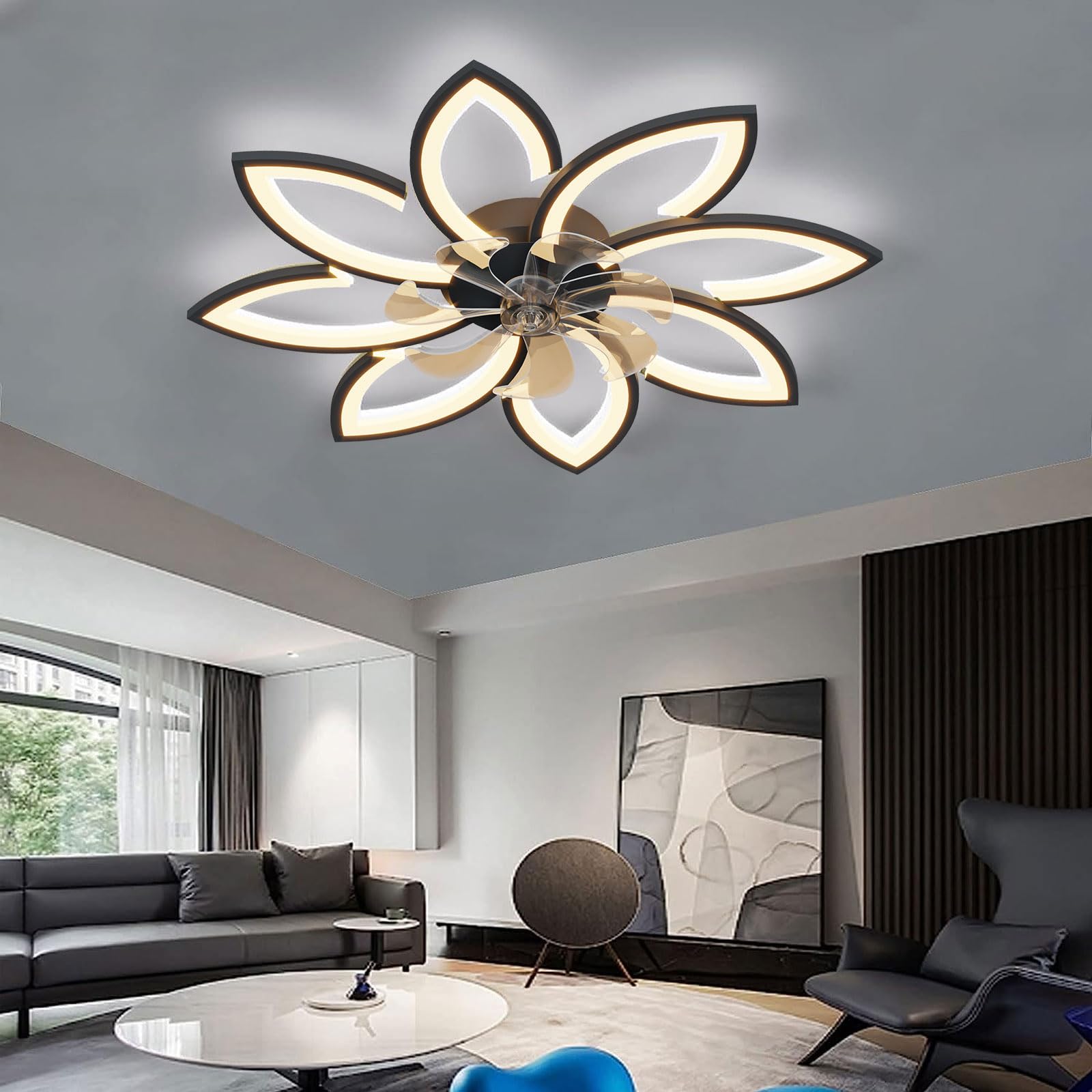 LED Deckenventilator Mit Beleuchtung 72W Dimmbar 3000K-6000K Stumm Reversibel Schwarz 8 Köpfe 90x15cm
