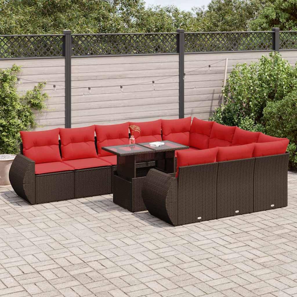 Set di divani da giardino 11 pezzi Cuscini rattan sintetico marrone Poltrona da esterno, divano modulare, seduta per patio terrazza balcone marrone L332H715