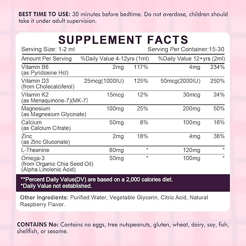 Miniatura 7 de Gotas Líquidas de Glicinato de Magnesio para Niños Glicinato de Magnesio con L-teanina para Apoyo al Sueño y la Calma Sin Melatonina, Sin Azúcar,