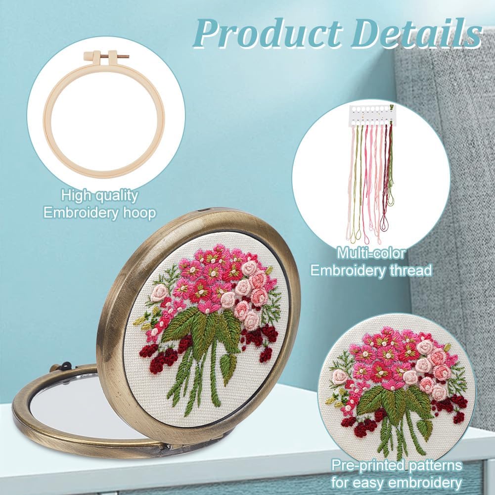 PLIGREAT DIY Mirror Embroidery Kit, Hydrangea Stamped Cross Stitch Mirrors Kit Red Floral Embroidery Makeup Mirror for Beginner Women DIY Crafts Portable Round Hand Mirrors image 3