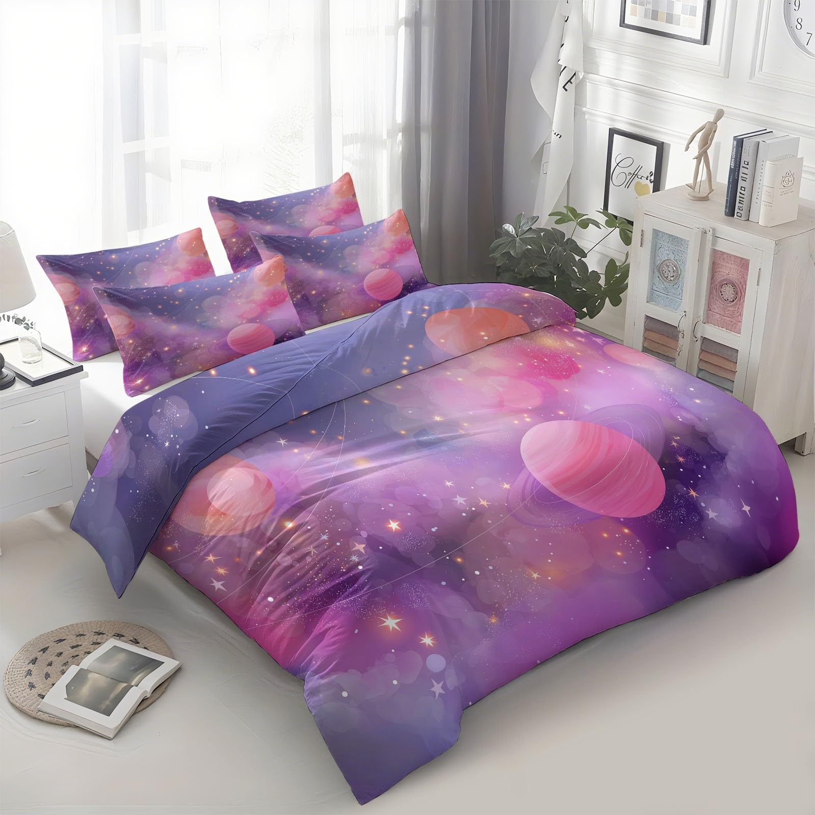 Zestaw poszewek na kołdrę fantasy kreskówka gwiaździste niebo, 260 x 220 cm, rozmiar super king, różowa, ultramiękka hipoalergiczna poszewka na kołdrę, z zapięciem na zamek błyskawiczny, na wszystkie
