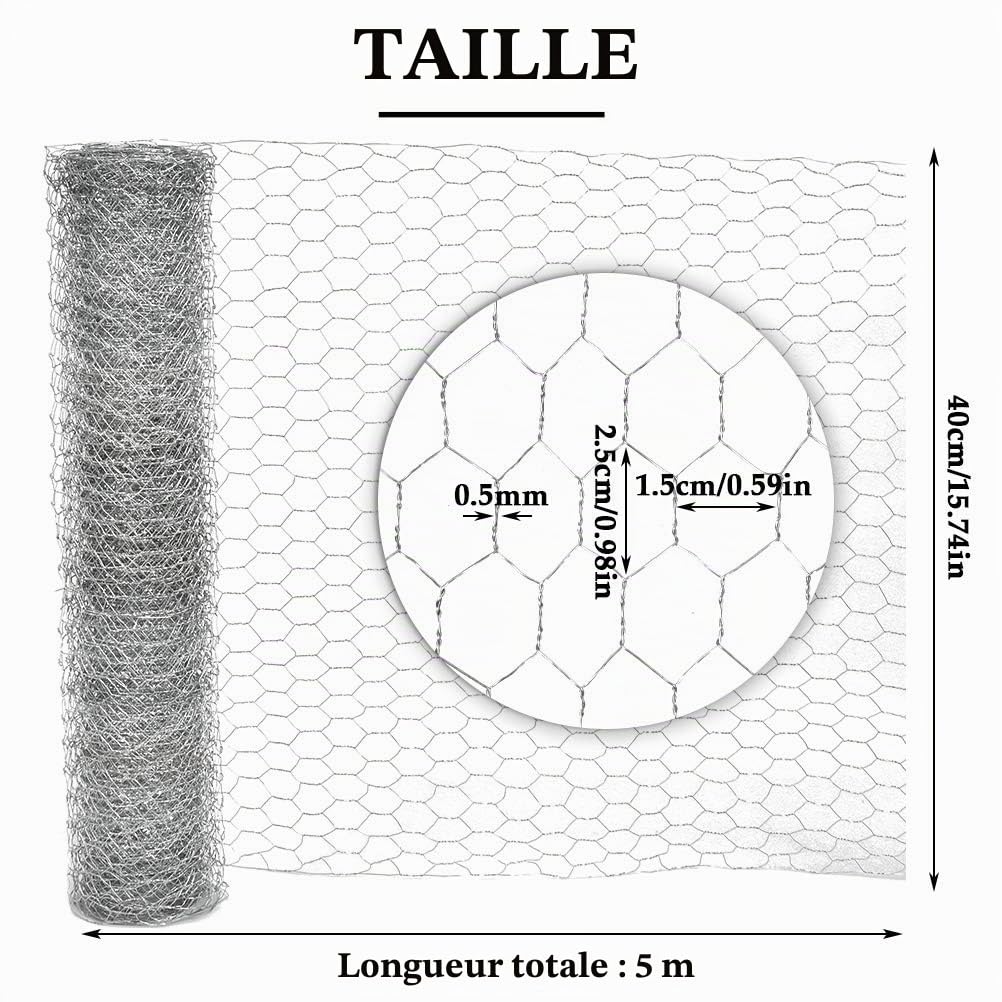 Grillage de Poule, Fil Hexagonal Galvanisé Grillage Poulailler Maille Hexagonal avec Trou de 40cm x 5 m Hexagonal Triple Torsion Clôture Résistant Poulailler Jardin pour Élevage Volaille Galvanise