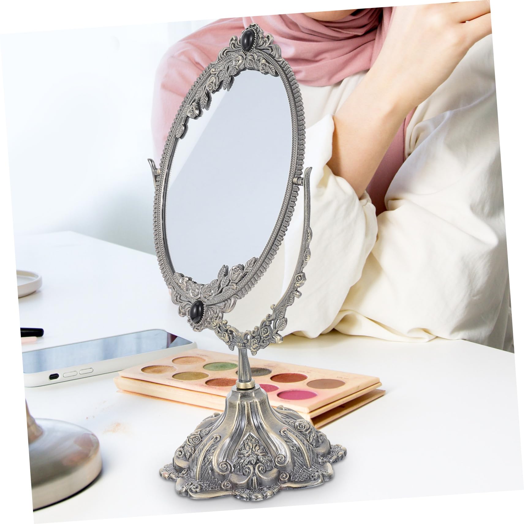 Doppelseitiger Vintage Schminkspiegel aus Zinklegierung für Frauen | Drehbar, Flacher Standfuß, Europäischer Stil, Hochauflösende Sicht, Geeignet für Make Up und Hochzeit