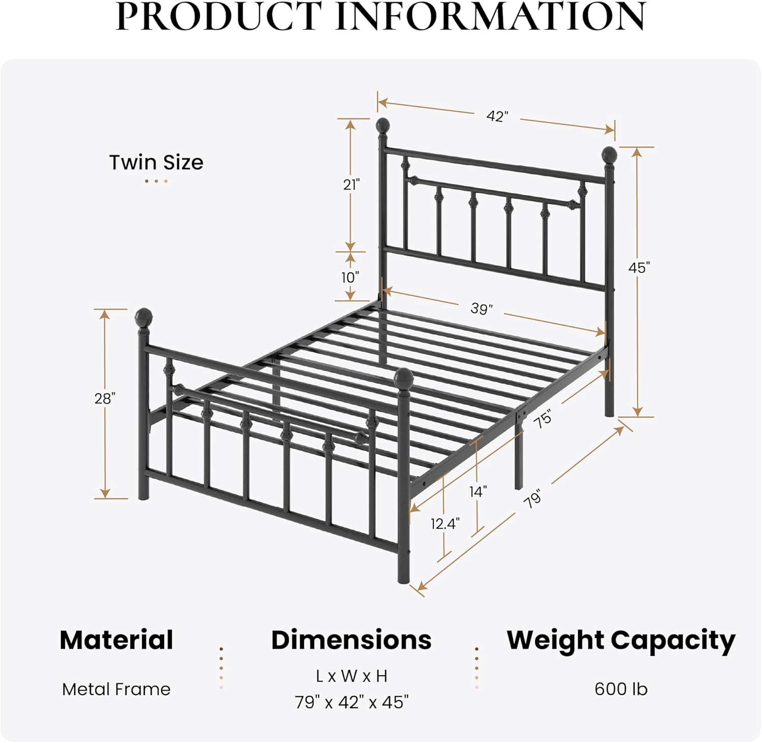SHA CERLIN 14" Twin Size Metal Platform Bed Frame/Victorian Headboard and Footboard/Steel Slats Mattress Foundation for Storage/No Box Spring Needed/Noise Free/Black