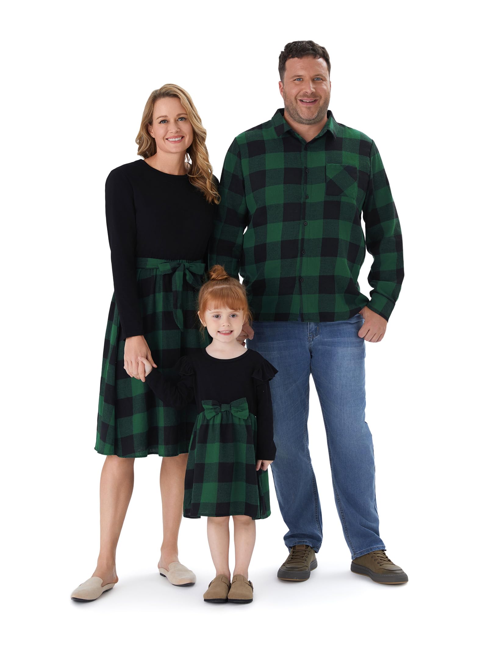 PATPATFamily Matching Outfits Mommy and Me Dresses Matching Set Long Sleeve Plaid Midi Dress and Casual Button Down Shirts