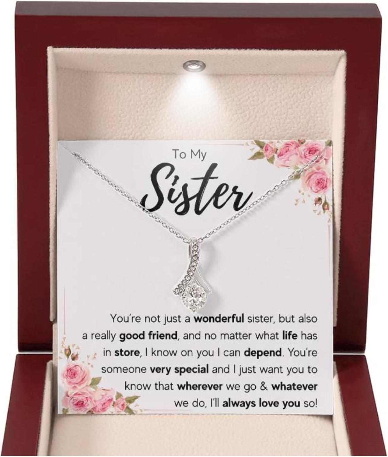 To My Sis Necklace – 14K White Gold Pendant with Message Card and Gift Box, Meaningful Jewelry Gift for Birthday, Christmas or Graduation