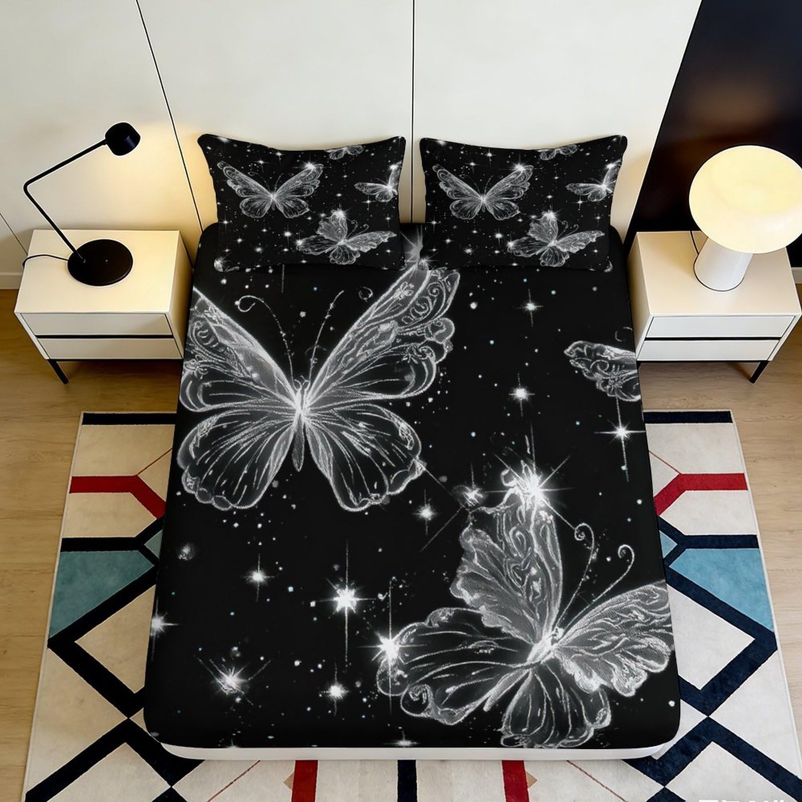 3D Printed Luminous Butterfly Fitted Sheet Microfiber Black Bed Cover for Bedroom Guest Room Mattress Protection 90x200x25cm
