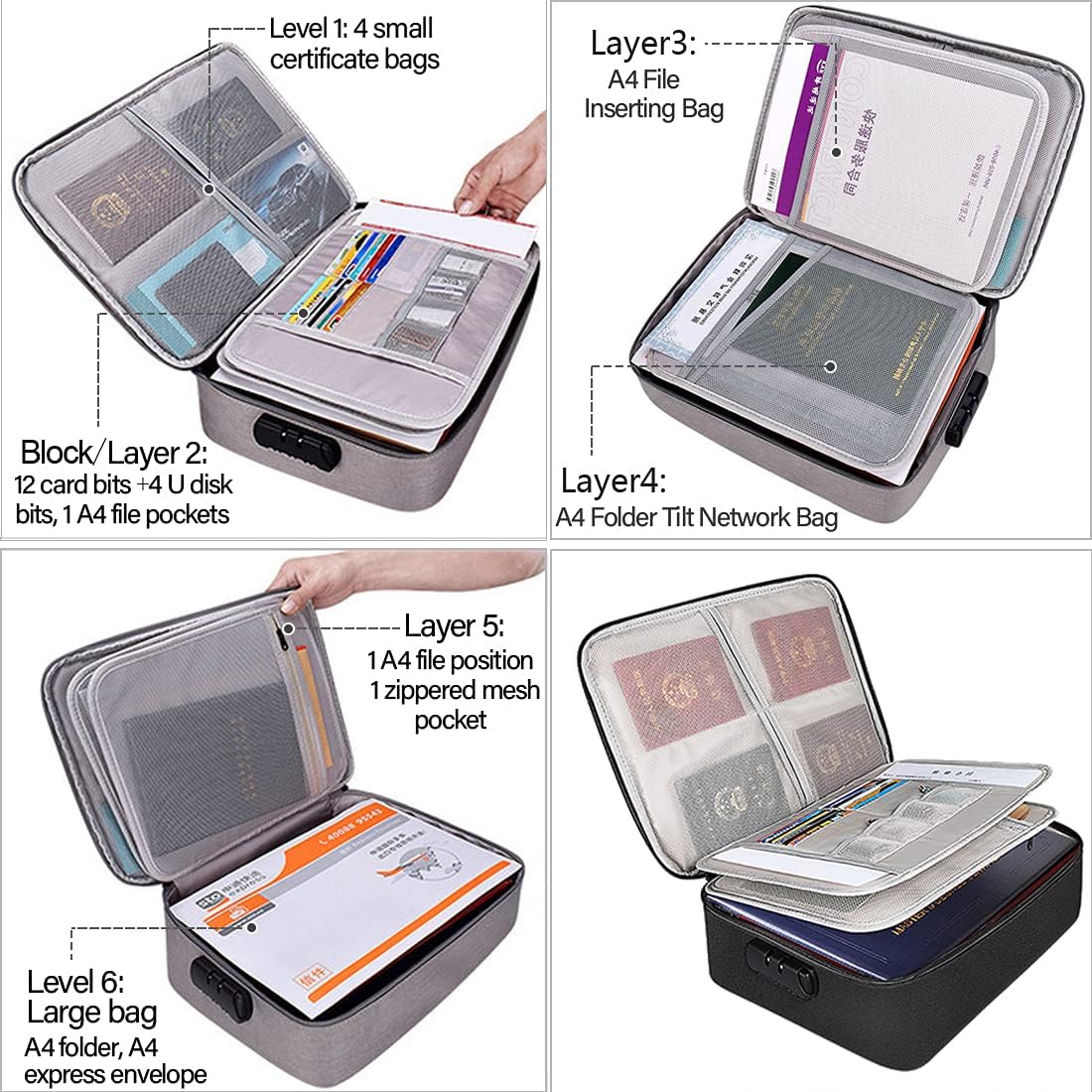 Oxford Document Organizer with Safe Code Lock,Storage Pouch Credential Bag Diploma Storage Important Document and File Pocket, Laptop, Notebooks,Bank Cards Valuables Travel Bag with Separators (Black)