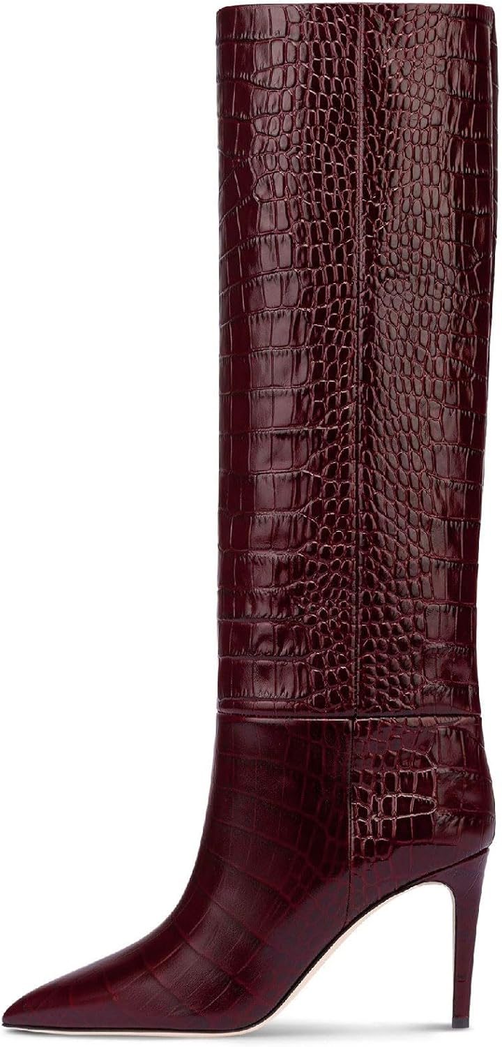 Women's Fashion Crocodile High Stiletto Heel Knee High Boots 3.94inch/10cm Pointed Closed Toe Pull On High Heel Long Boots Fall Winter Dressy Tall Boots for Women
