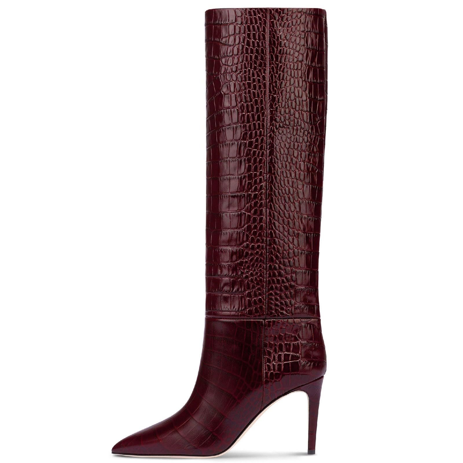 Womens Fashion Crocodile High Stiletto Heel Knee High Boots 3 94inch 10cm Pointed Closed Toe Pull On High