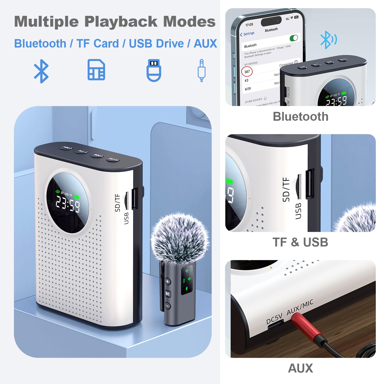 Amplificateur de Voix Sans Fil avec Microphone Lavalier, Portable Enceinte avec Micro 2,4 GHz Prise en charge Bluetooth/carte TF/clé USB/entrée AUX pour Enseignants, Guides, Présentateurs, Conférences