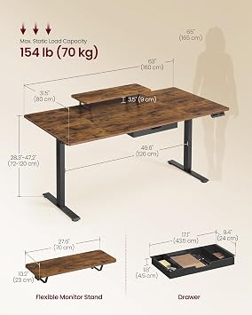 VASAGLE Electric Standing Desk, Height Adjustable, 160 x 80 cm