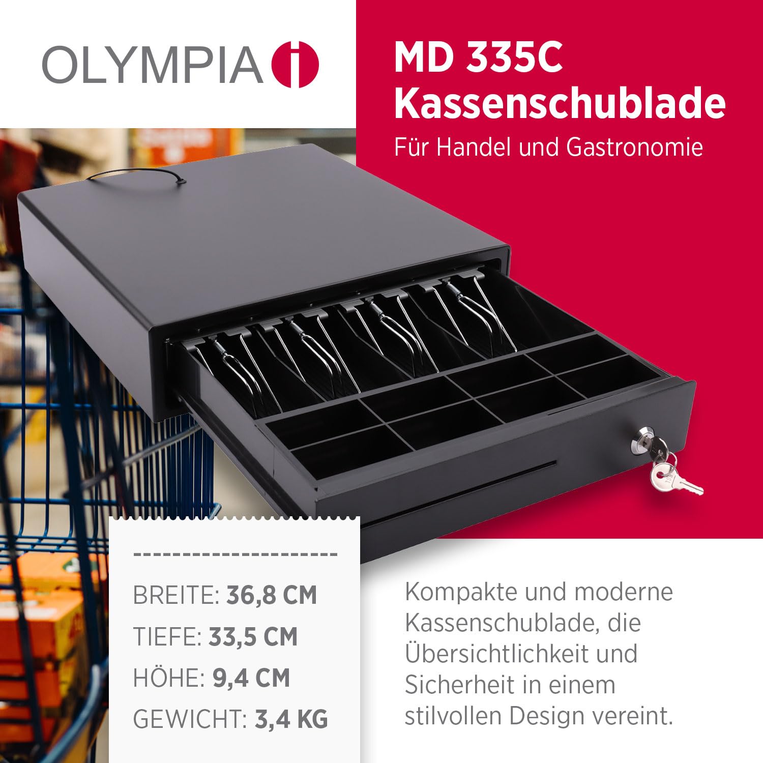 Olympia MD 335C Kassenschublade mit 4 Fächern für Banknoten und 8 für Münzen - Kassenlade mit RJ-12 12-24 Volt Anschluss unversell. Registrierkasse Solide Kassenschublade von 36,8 x 33,5 x 9,4 cm