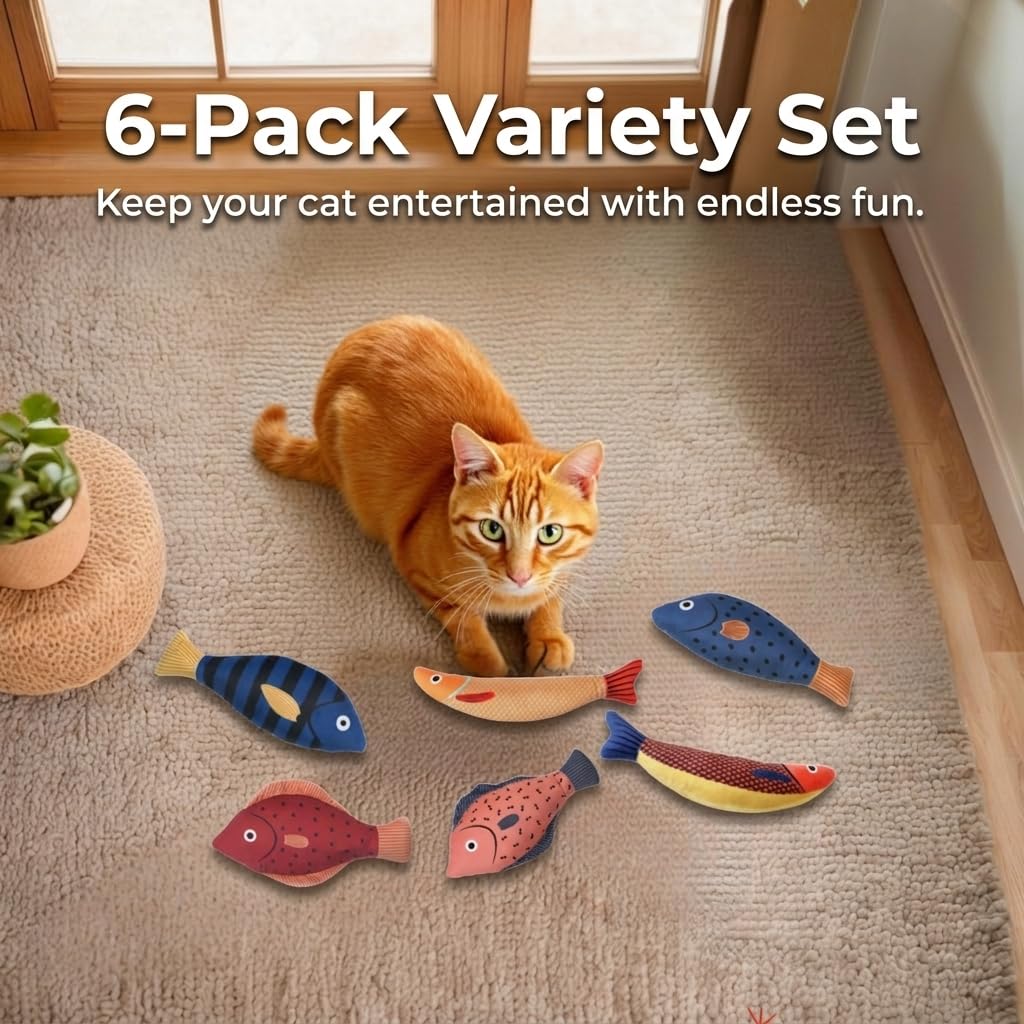 Tails & Tales Juguetes para gatos de peluche con sonido de pez, hierba gatera y arrugados, resistentes a las mordeduras y suaves juguetes interactivos para gatos y gatitos de interior, reduce el