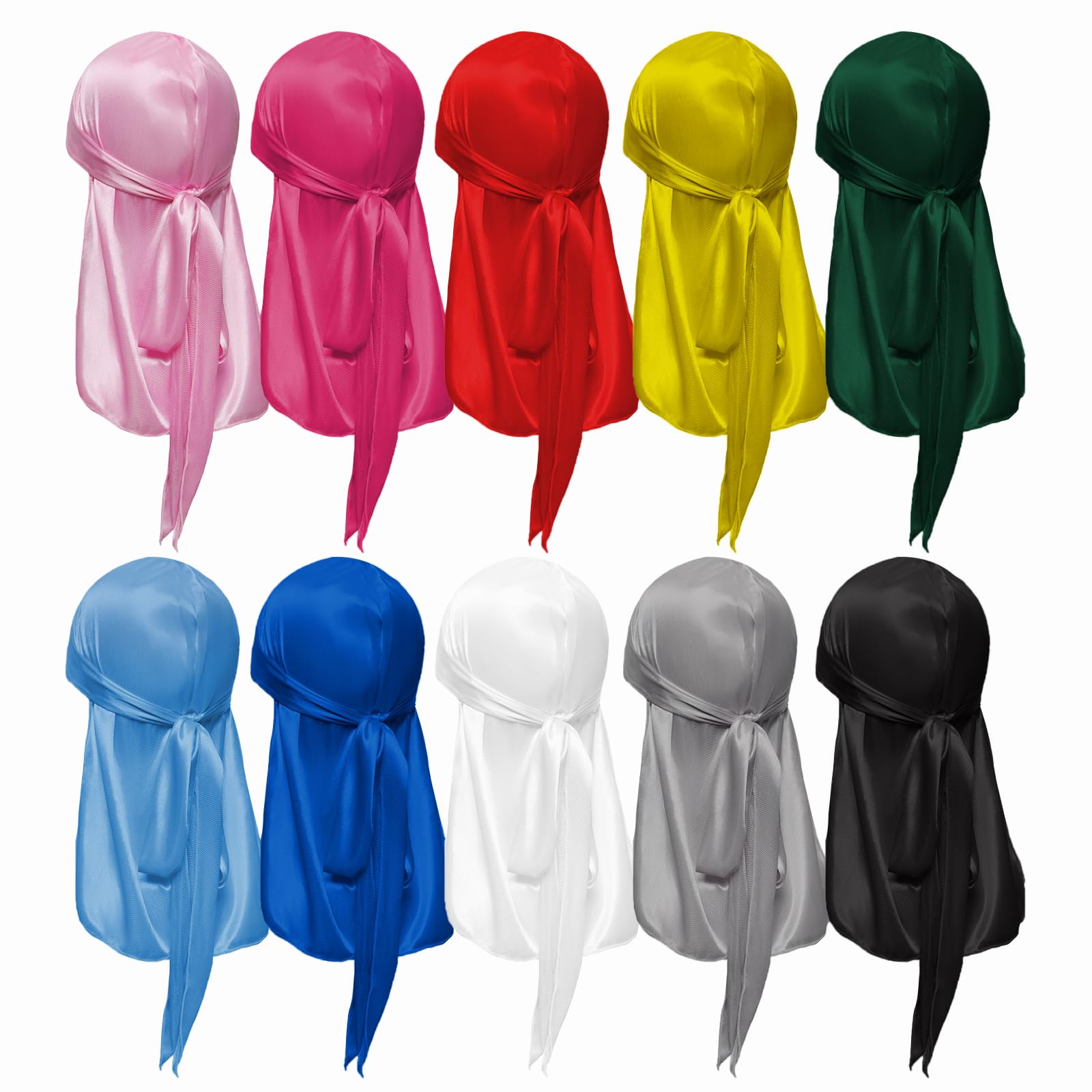 10 Pcs Silk Durags Long Tail Durag Wave Headwraps Neck Covering Satin Doo Rag Men Women 10 Colors