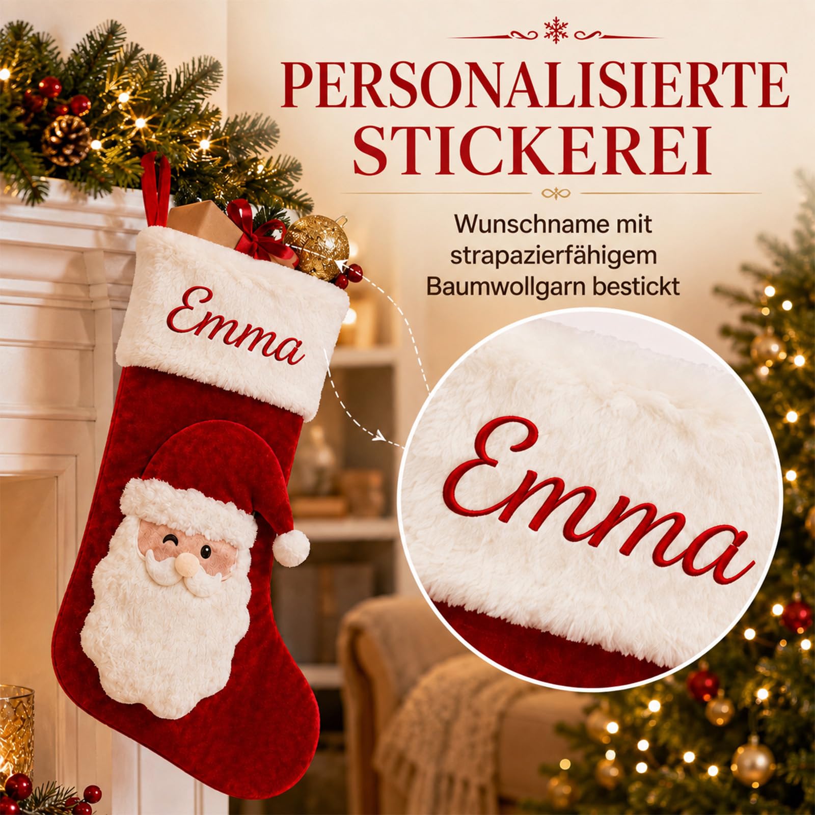 5 Stück Personalisierte Weihnachtsstrümpfe, Samt Rot, Schneemann, 44 cm