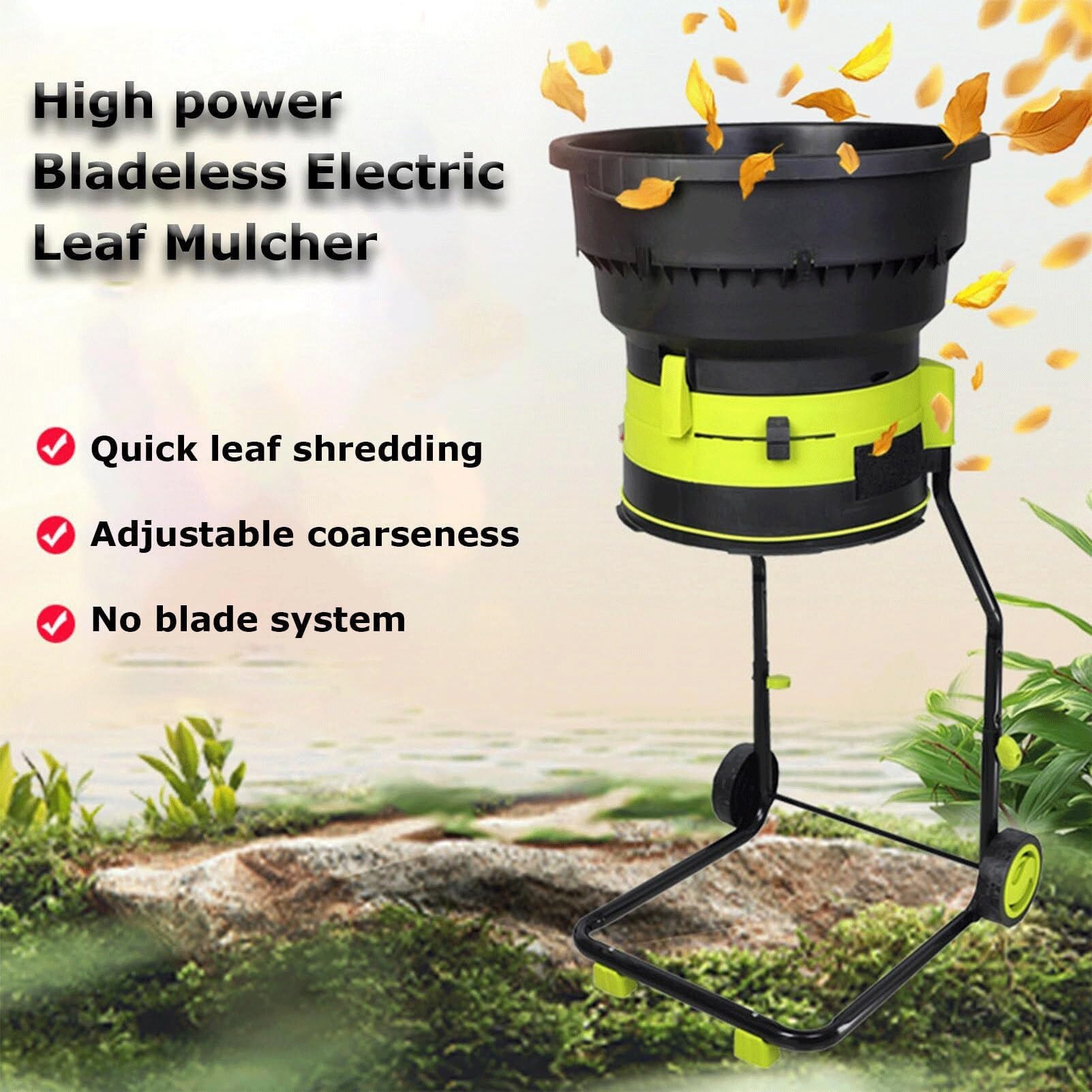 Trituradora eléctrica de hojas con cable, trituradora de jardín portátil sin aspas con ruedas, 8000 rpm, bolsa de colección, embudo de 54 cm de diámetro, para abono de hojas