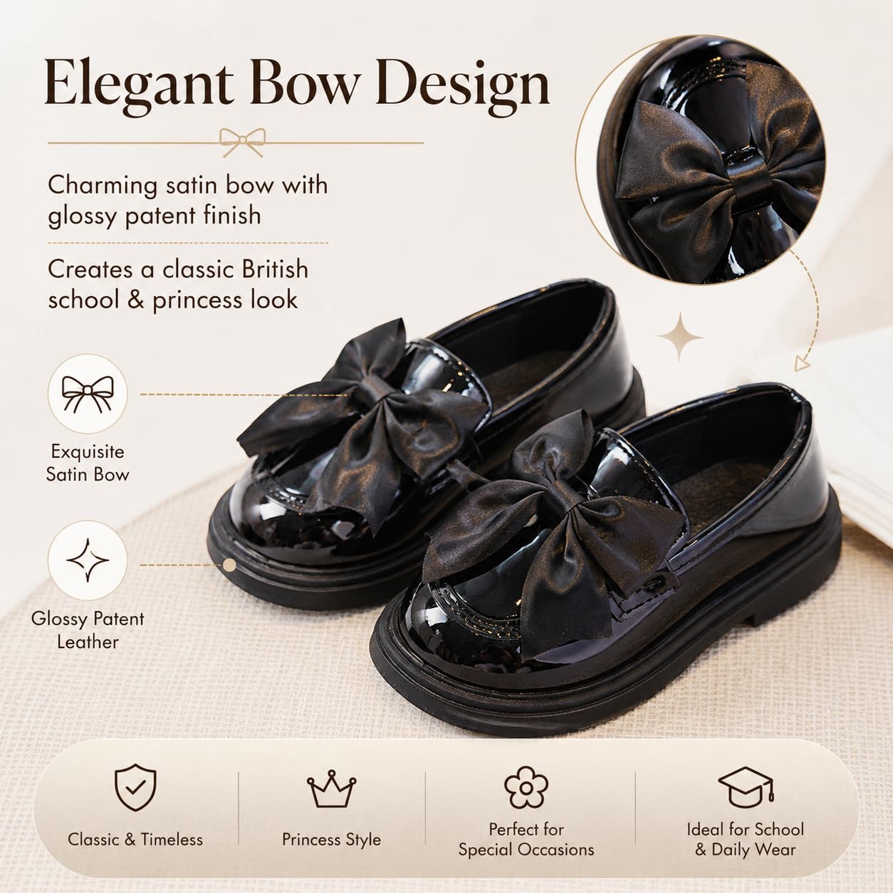 Mocassins plats pour filles avec nœud - Chaussures décontractées pour l'école - Taille à enfiler