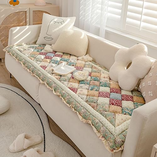 Miniatura 1 de Funda de sofá de retazos a cuadros estilo bohemio, con estampado floral, protector de muebles con volantes, acolchado de algodón, antideslizante,