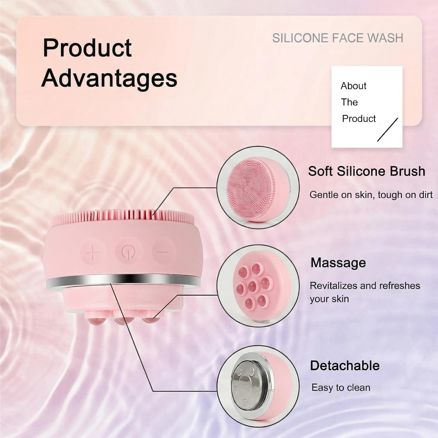 Electric Facial Cleansing Brush，3 Speeds Rechargeable Face Scrubber，IPX7 Waterproof Silicone Facial Cleansing Brush with 4 Skin Care Modes,for Deep Cleaning & Massaging (Pink)