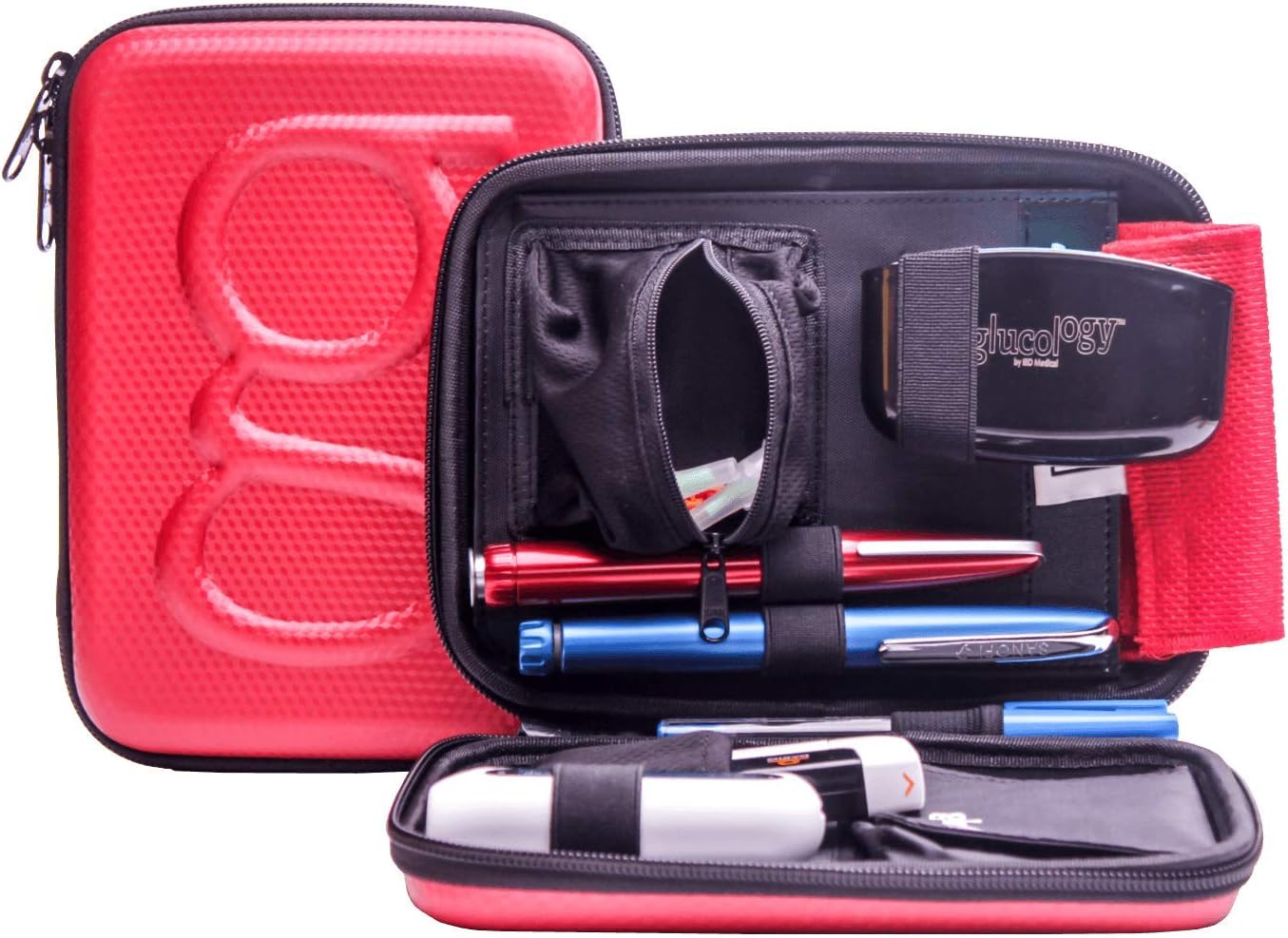 Diabetes Travel Case Hard Shell, Storage Organizer for Glucose Monitor Kit, Insulin Pen, Blood Sugar Test Strips, Syringe, Needles and Other Diabetic Care Supplies - Premium & Durable Hard Case, Red