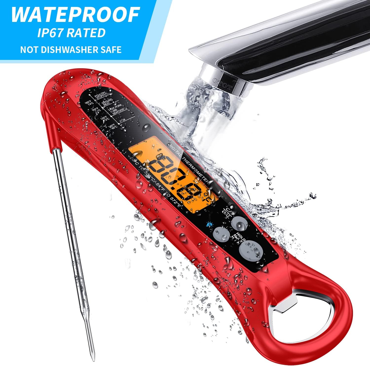 review Meat Thermometer Intelligent Fast Instant Read for Grill and Cooking. IP67 Waterproof Ultra Fast Thermometer with Backlight & Calibration. Digital Food Probe Kitchen, Outdoor Grilling and BBQ (Red)