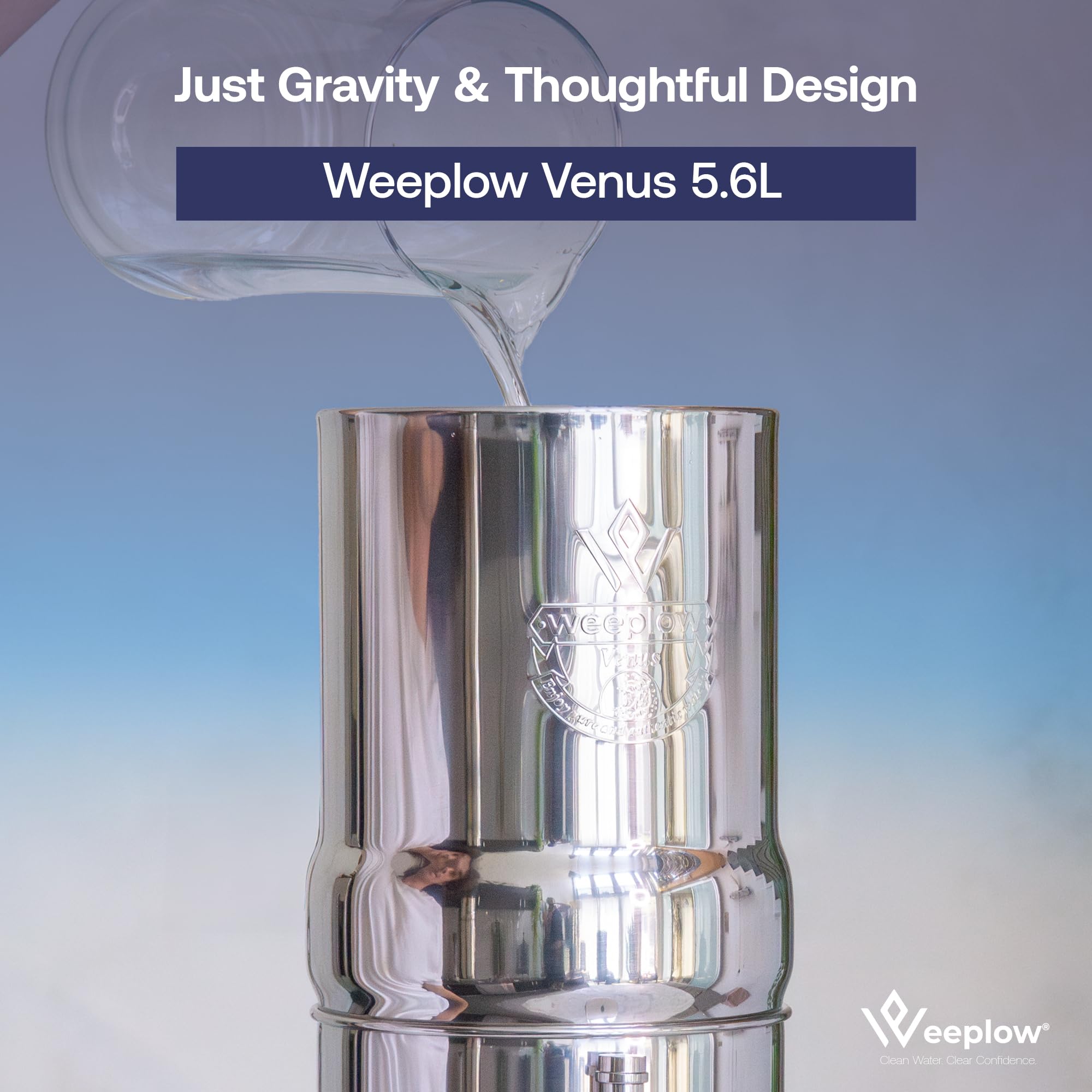 Weeplow® Venus ECO - Sistema de filtración de agua por gravedad 5,6 litros AISI 304 con 2 elementos de purificación O'Pure 2 y grifo 100% inoxidable (inox, 5,6 L ECO)