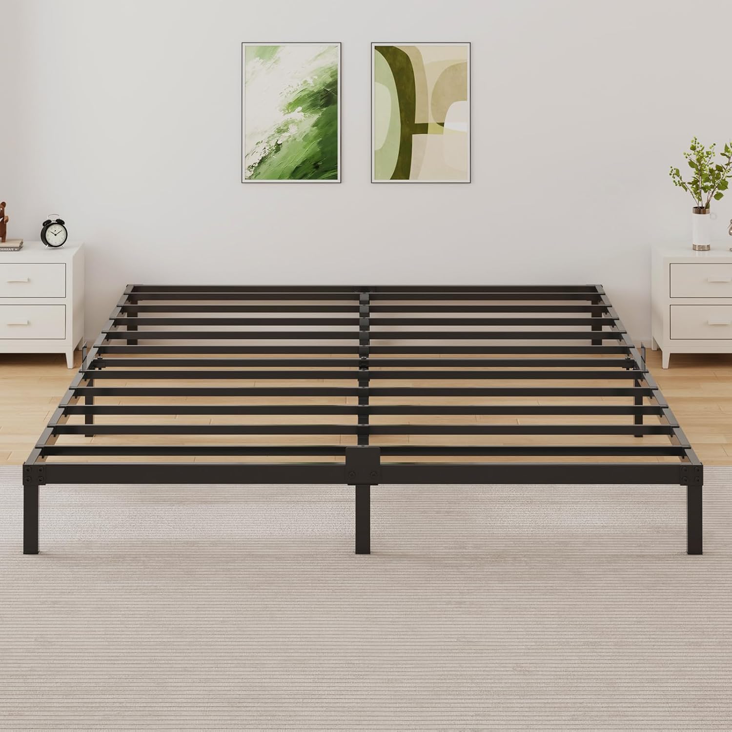 6 Inch Queen Bed Frame Low Profile, Queen Size Metal Platform Bed Frame No Box Spring Needed, Heavy Duty Steel Slats Mattress Base, Easy Assembly, Noise Free, Black