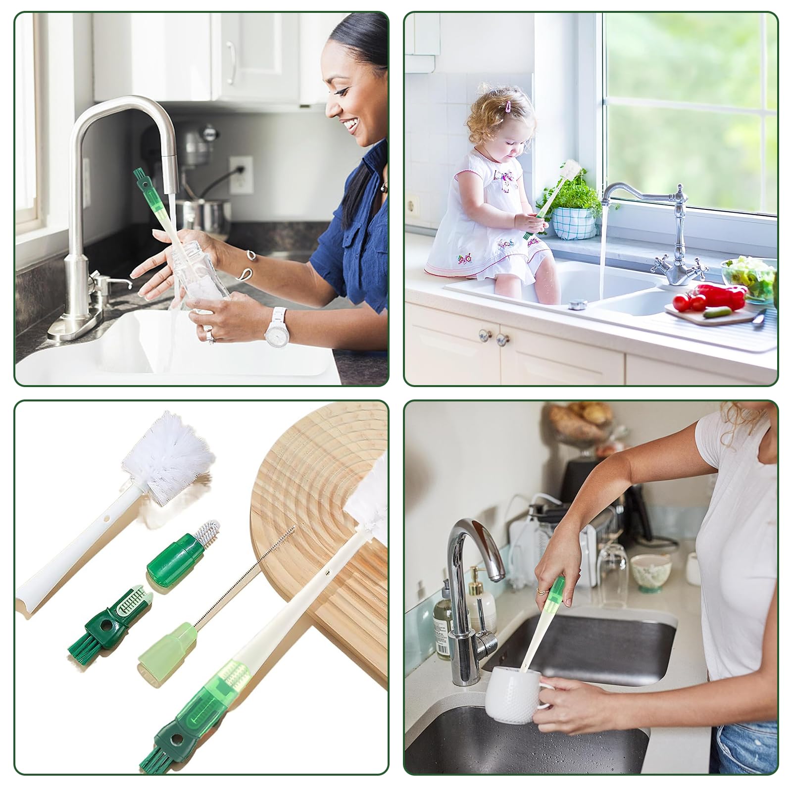 Brosse de Nettoyage Bouteille d'eau Multifonctionnelle 5 en 1 Brosse Gourde Brosse Longue pour Bébé avec 5 Têtes de Ensemble Brosses Nettoyage pour Biberons,Biberons Thermos,Pailles (Vert)