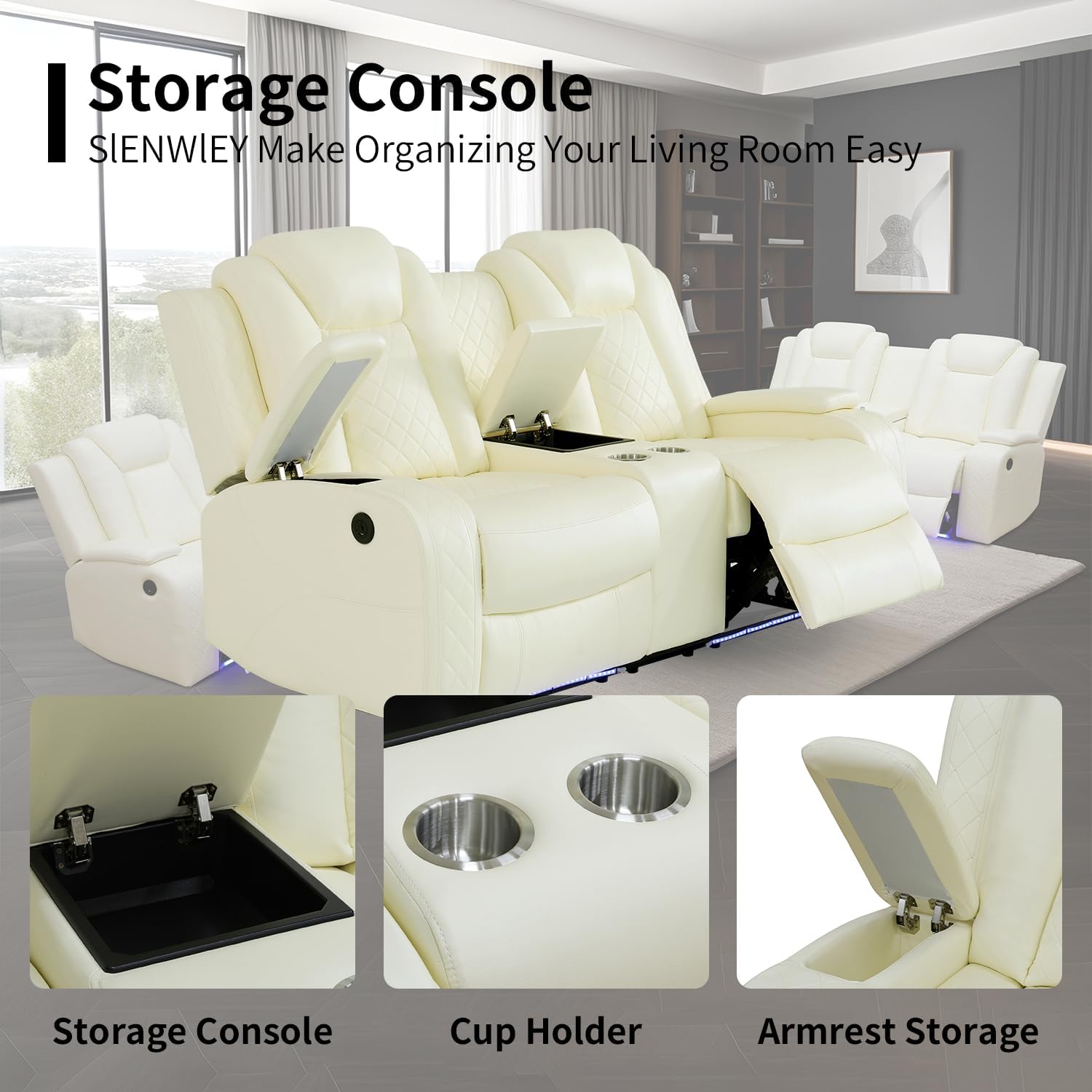 Power Leather Recliner Sofa Set with LED Light,Leather Couch Set for Reclining Sofa with Drop-Down Table/Loveseat with Storage Console/Single Chair 3 PCS Living Room Furniture(White,3+2+1)
