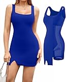 Popilush Cocktail Dresses for Women Built in Shapewear Bra 8 in 1 Square Neck Mini Slit Party Summer Dress